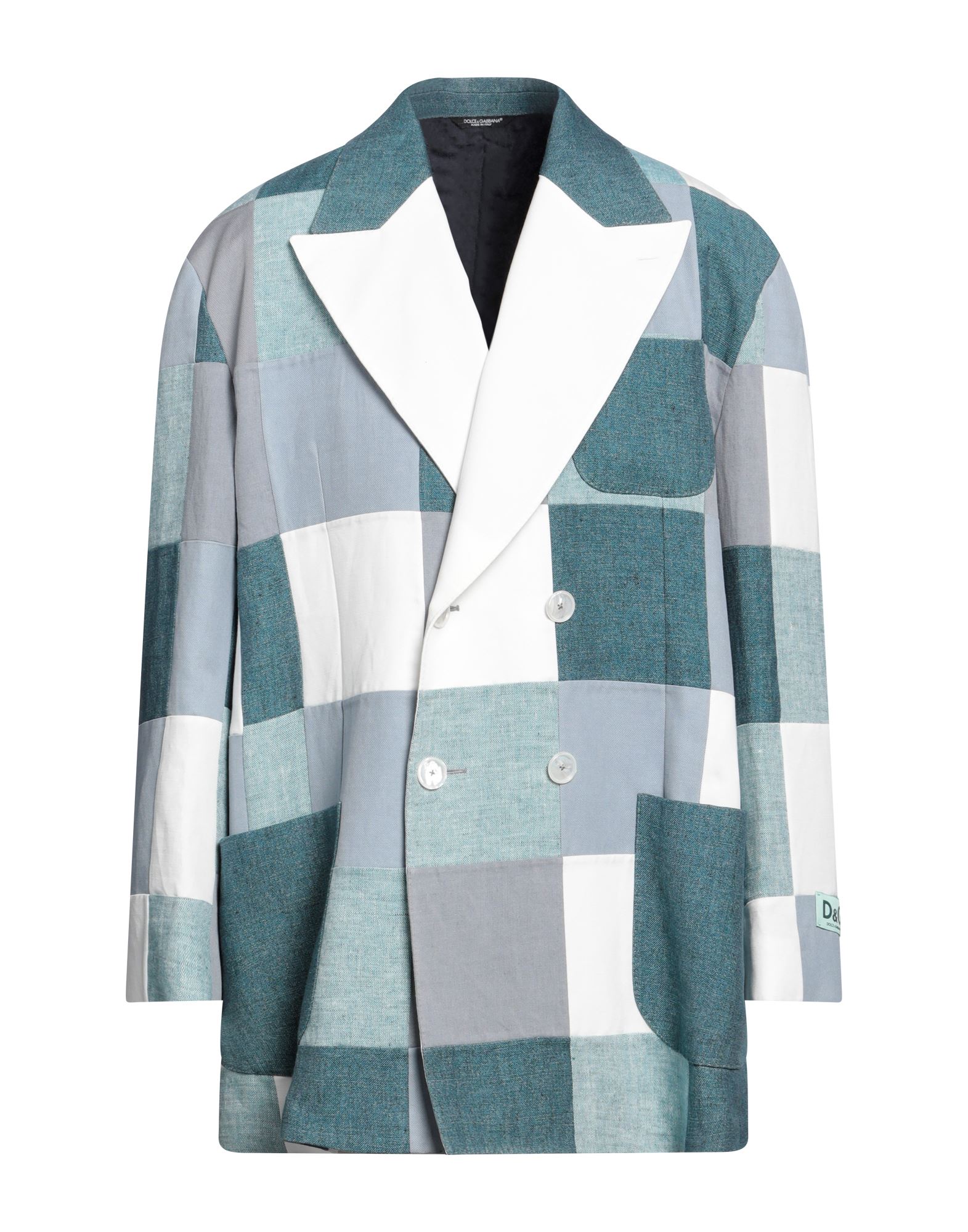 우븐, 트윌, 브랜드 로고, 체크, 패치워크, 라펠, 롱 슬리브, 버튼 커프스, 안감없음, 버튼 여밈, 멀티 포켓, 드라이클리닝, 표백 금지, 건조기 사용불가, 싱글 브레스티드 블레이저. 이미지