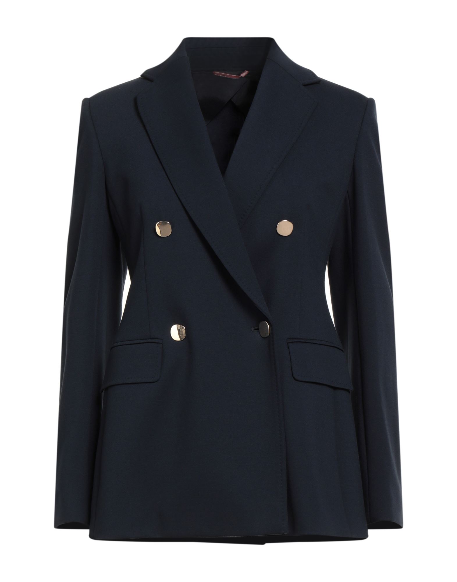 더블 브레스티드 블레이저, 저지, 스트레치 패브릭, 솔리드 컬러, 장식 부착 없음, 라펠, 롱 슬리브, 부분적으로 안감 처리한 내부, 버튼 여밈, 플랩 포켓, 백 슬릿, 드라이클리닝, 표백 금지, 건조기 사용불가. 이미지