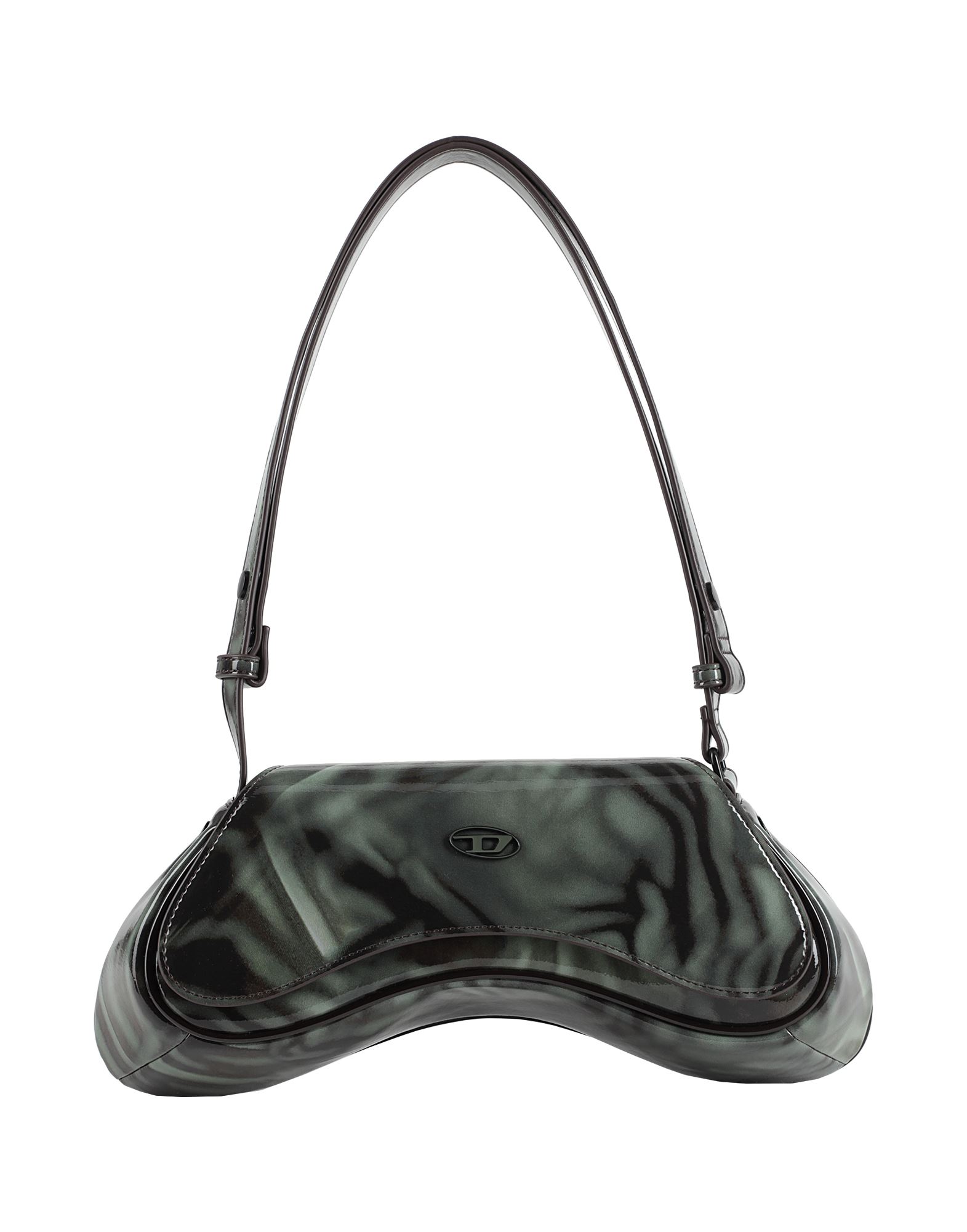 미디엄 스타일, 인조가죽, 페이턴트 효과, 브랜드 로고, 멀티컬러 패턴, 마그네틱 클로져, 안감있음, 싱글 핸들, 바게트백. 이미지