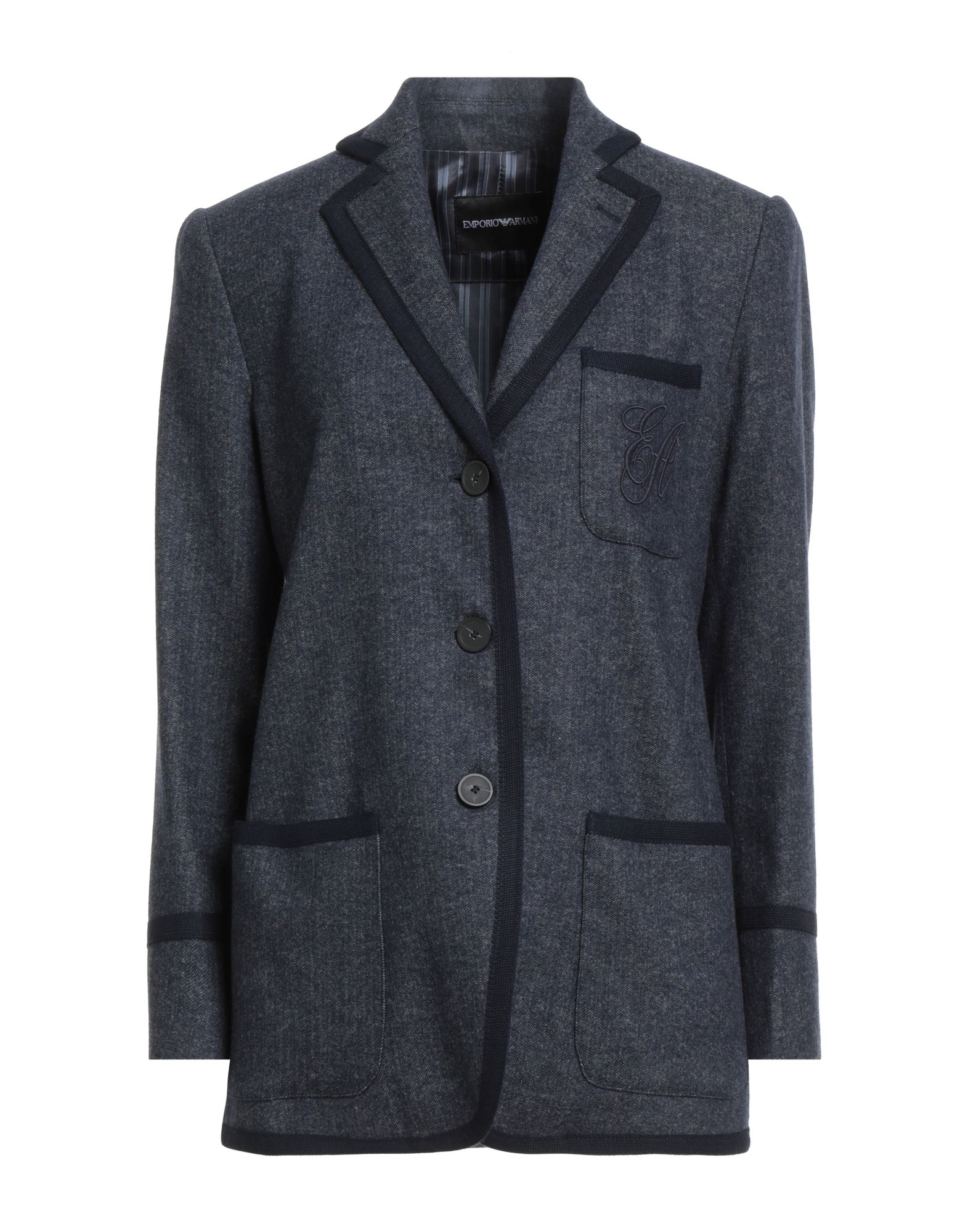 싱글 브레스티드 블레이저, 플란넬, 솔리드 컬러, 자수 로고 장식, 니트 트리밍, 라펠, 롱 슬리브, 안감있음, 버튼 여밈, 패치 포켓, 드라이클리닝, 표백 금지, 건조기 사용불가. 이미지