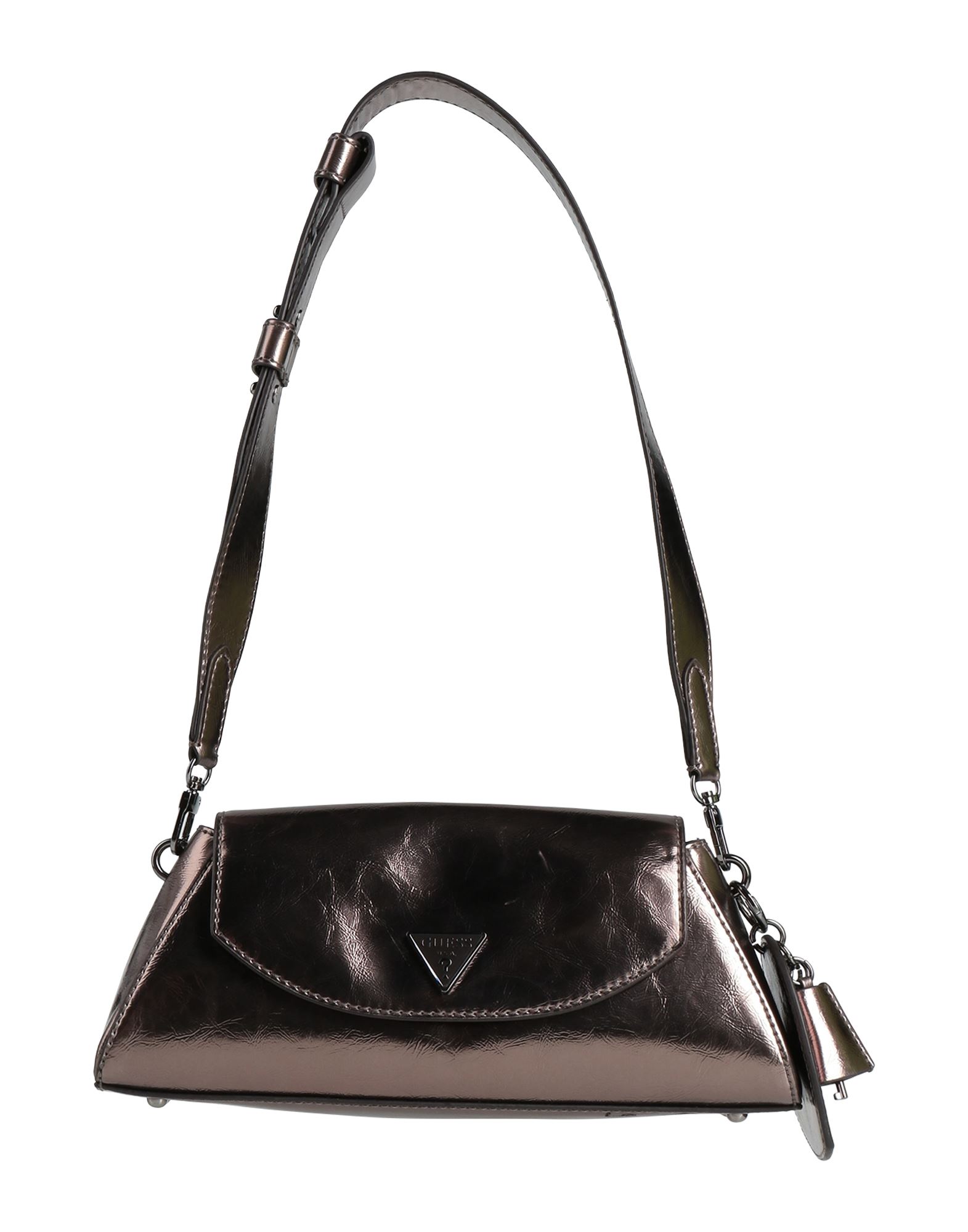 바게트백, 인조가죽, 메탈릭 효과, 장식 디테일 솔리드 컬러, 디테쳐블 디테일, 브랜드 로고, 마그네틱 클로져, 안감있음, 외부 지퍼 포켓, 내부 지퍼 포켓, 탈착가능 숄더 스트랩, 미디엄 스타일. 이미지