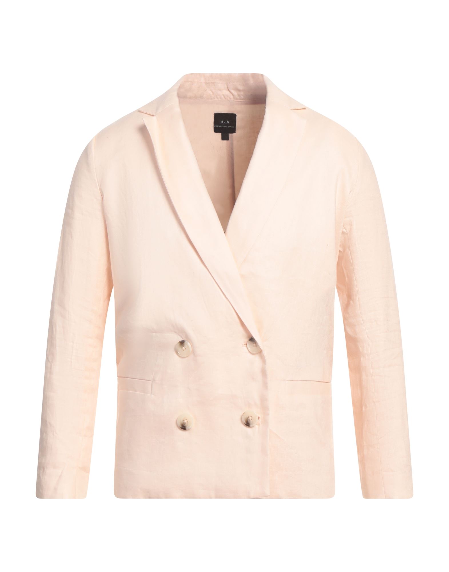 더블 브레스티드 블레이저, 리넨, 솔리드 컬러, 브랜드 로고, 라펠, 롱 슬리브, 부분적으로 안감 처리한 내부, 버튼 여밈, 멀티 포켓, 백 슬릿, 세탁기로 세탁, 표백 금지, 건조기 사용불가. 이미지