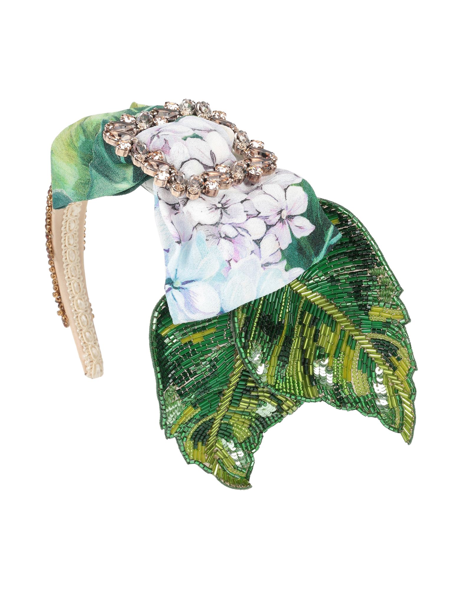 크레이프, 크리스탈, 비즈, 플로럴 모티브, 헤어밴드. 이미지