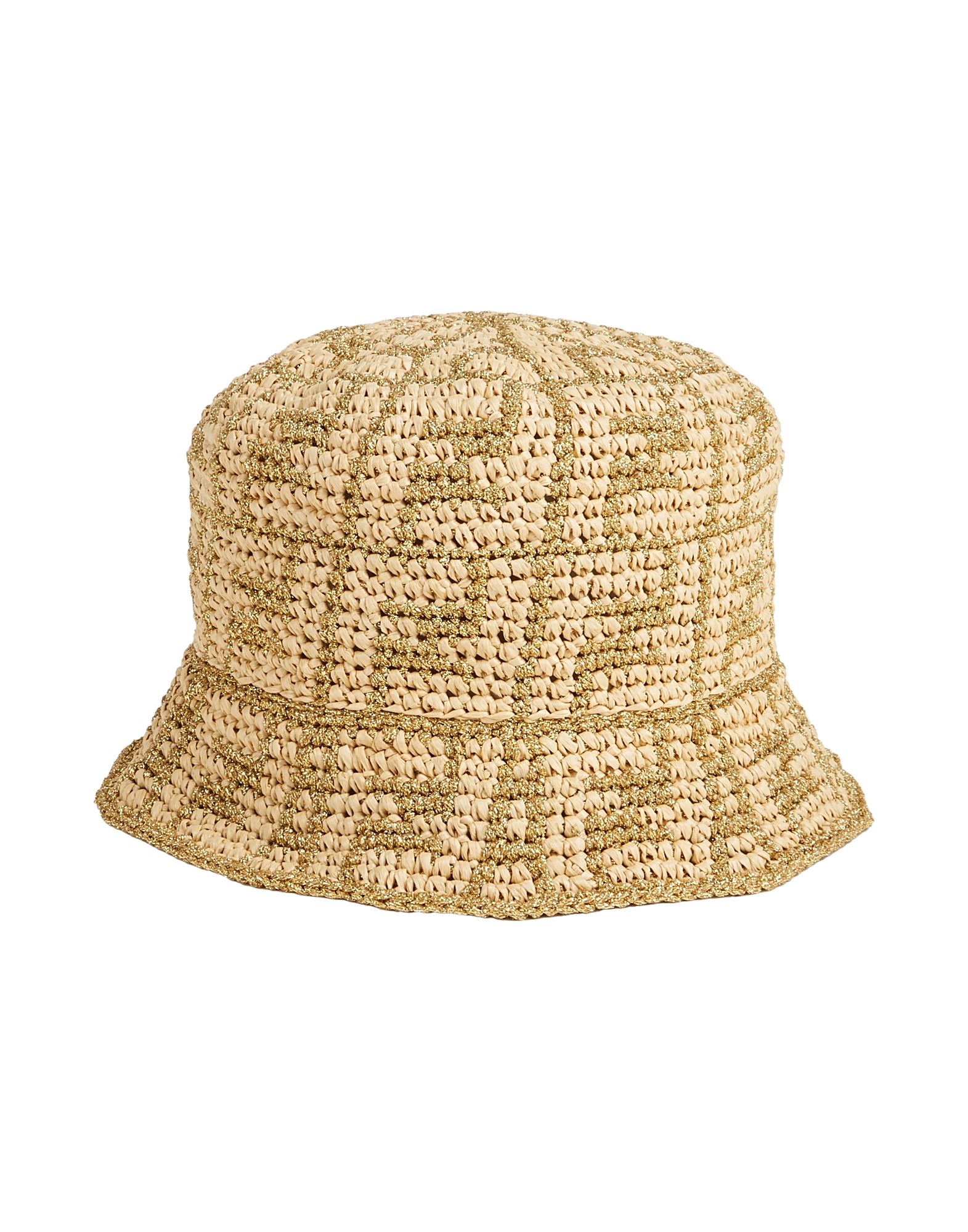 버킷 햇, 고리버들, 메탈릭 효과, 로고 디자인, 장식 부착 없음, 미디움 브림, 소프트 바이저, 안감없음, 드라이클리닝, 표백 금지, 건조기 사용불가. 이미지