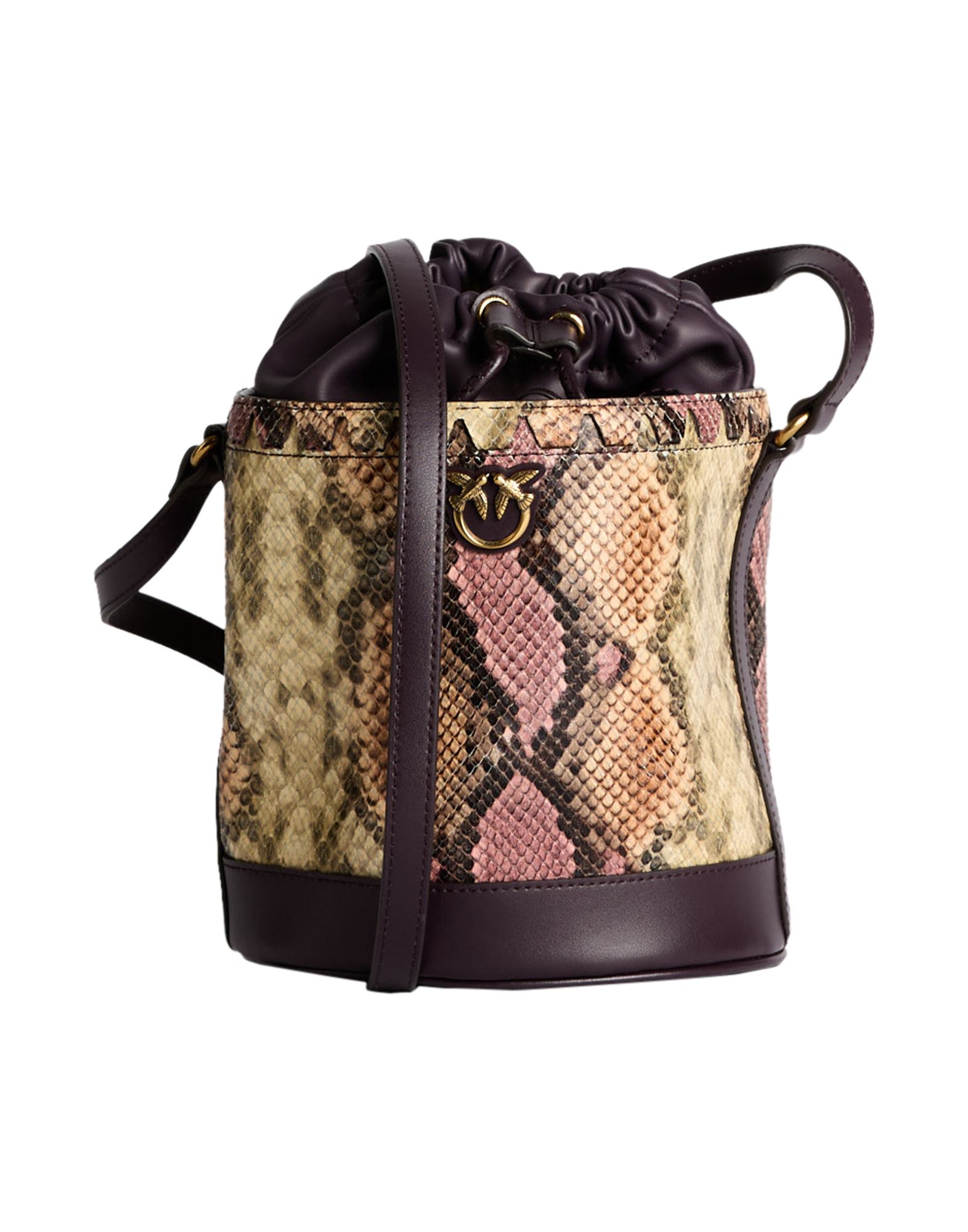 버킷백, 가죽, 스네이크스킨 프린트, 브랜드 로고, 드로스트링 여밈, 안감있음, 조절가능 숄더 스트랩, 스몰 스타일, 동물성 비섬유 자재 함유. 이미지