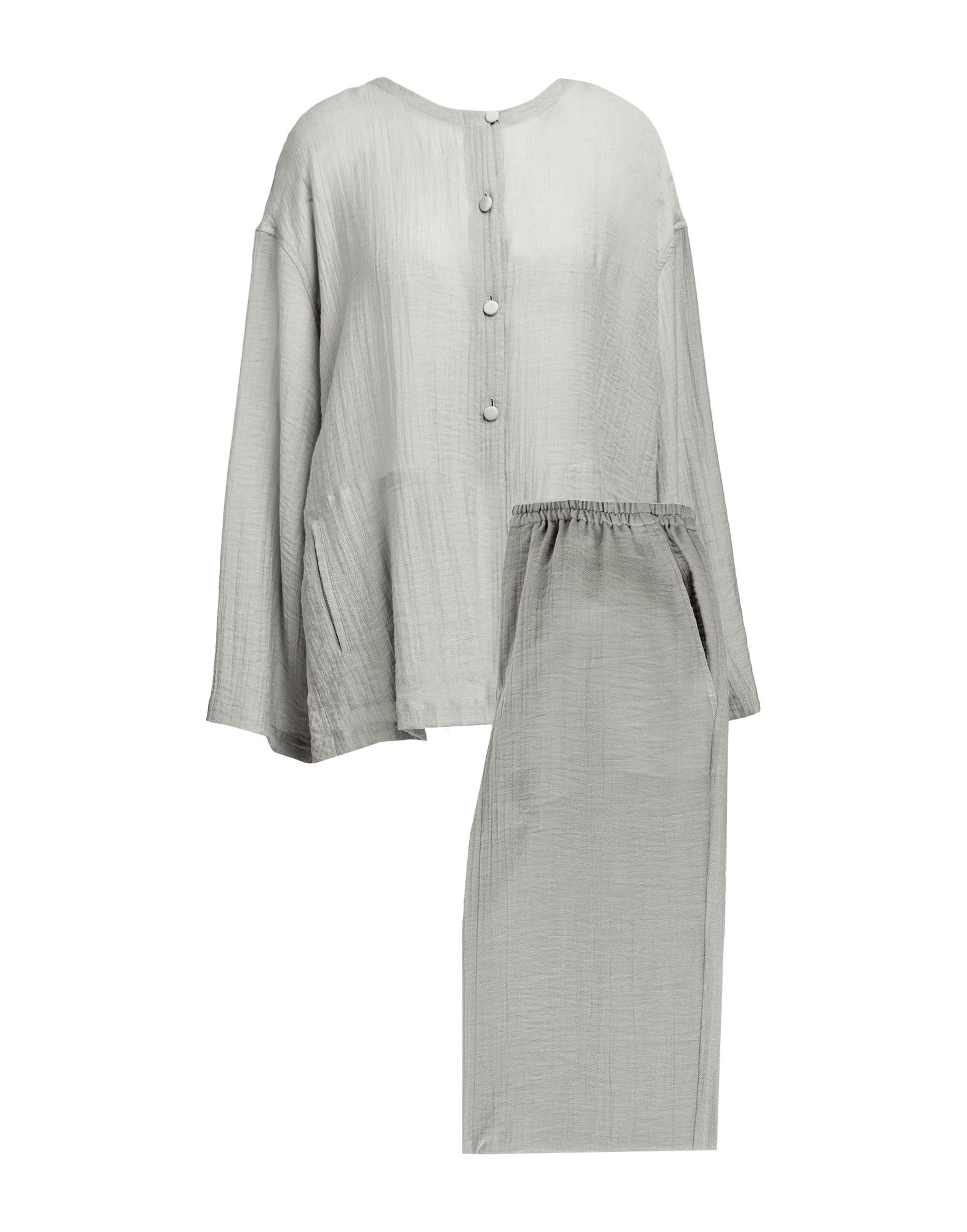 바지 세트, 거즈, 솔리드 컬러, 장식 부착 없음, 크루넥, 롱 슬리브, 안감없음, 버튼 여밈, 멀티 포켓, 2피스 세트, 드라이클리닝, 건조기 사용불가. 이미지