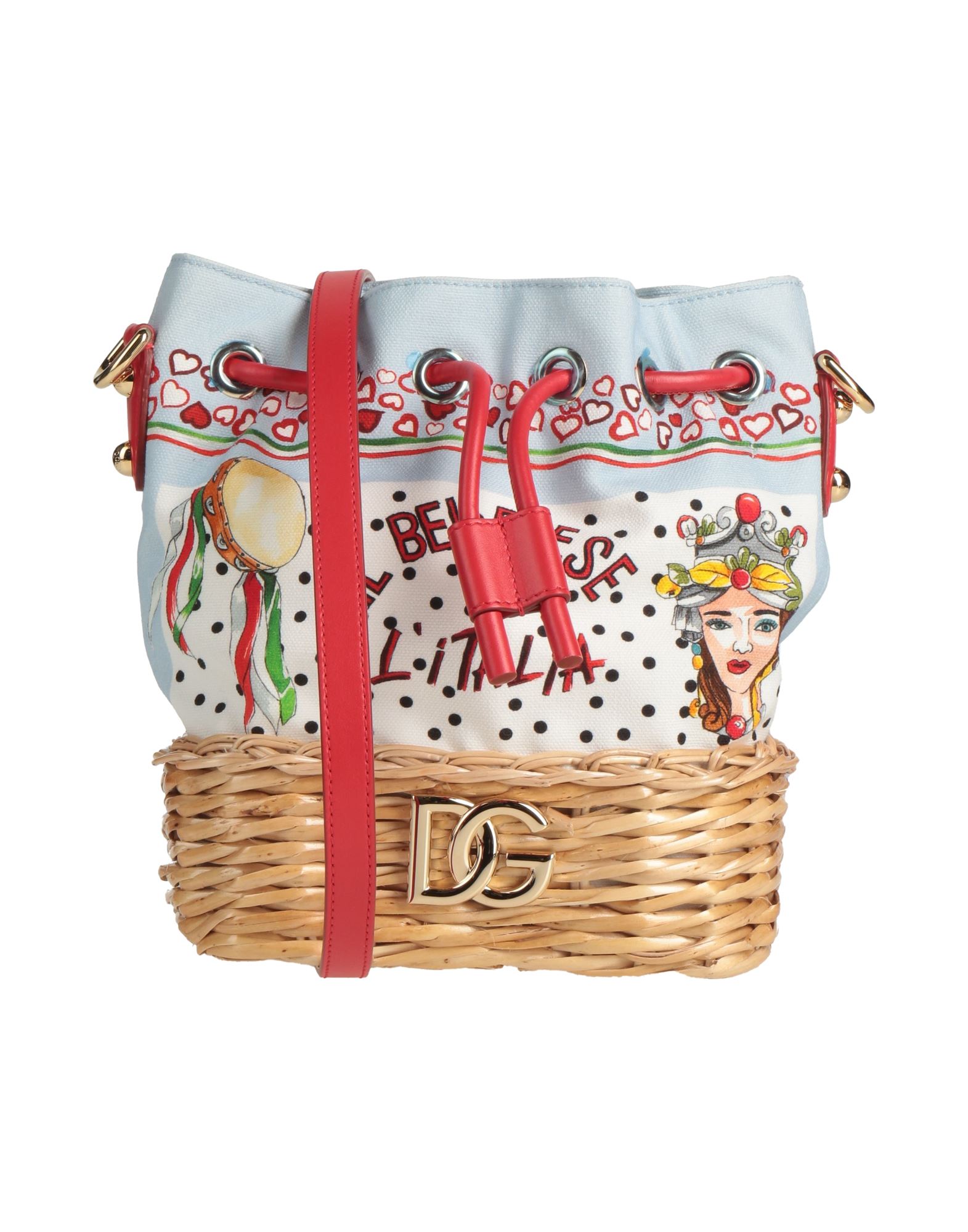 미디엄 스타일, 우드, 캔바스, 브랜드 로고, 멀티컬러 패턴, 드로스트링, 안감있음, 탈착가능 숄더 스트랩, 동물성 비섬유 자재 함유, 버킷백. 이미지