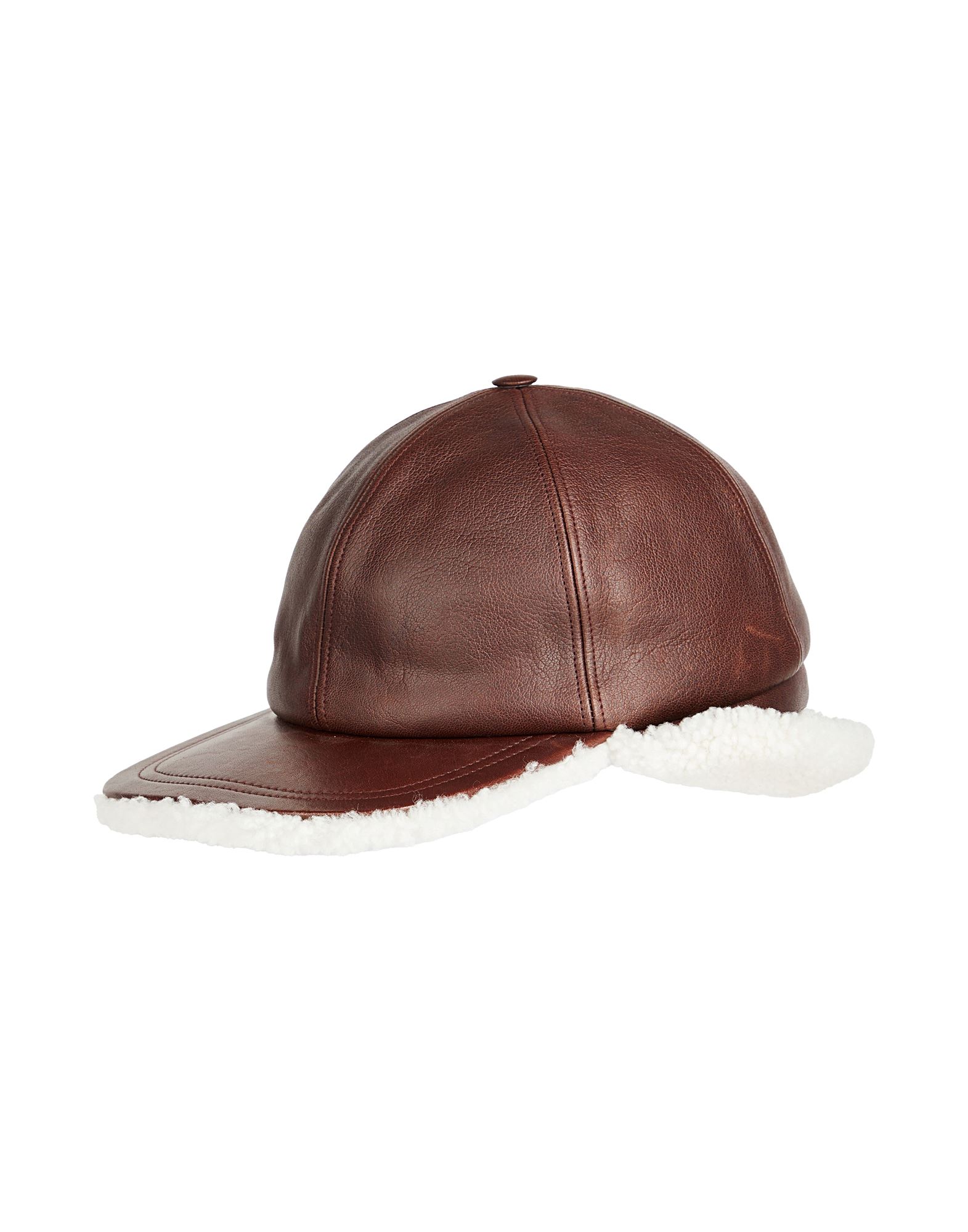 베이스볼 캡, 가죽, 솔리드 컬러, 장식 부착 없음, 시어링 소재의 내부, 전문 세탁 또는 드라이클리닝, 건조기 사용불가, 동물성 비섬유 자재 함유. 이미지