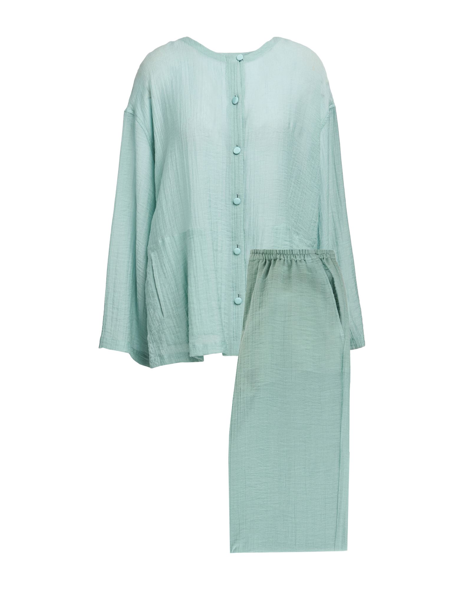 바지 세트, 거즈, 솔리드 컬러, 장식 부착 없음, 크루넥, 롱 슬리브, 안감없음, 버튼 여밈, 멀티 포켓, 2피스 세트, 드라이클리닝, 건조기 사용불가. 이미지