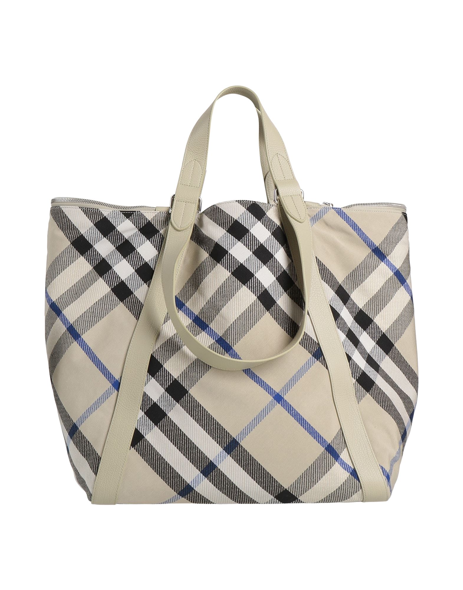 쇼퍼백, 우븐, 페블 효과 가죽, 시그니처 프린트, 장식 부착 없음, 지퍼 여밈, 합성 충전재, 내부 포켓, 더블 핸들, 맥시 스타일, 동물성 비섬유 자재 함유. 이미지