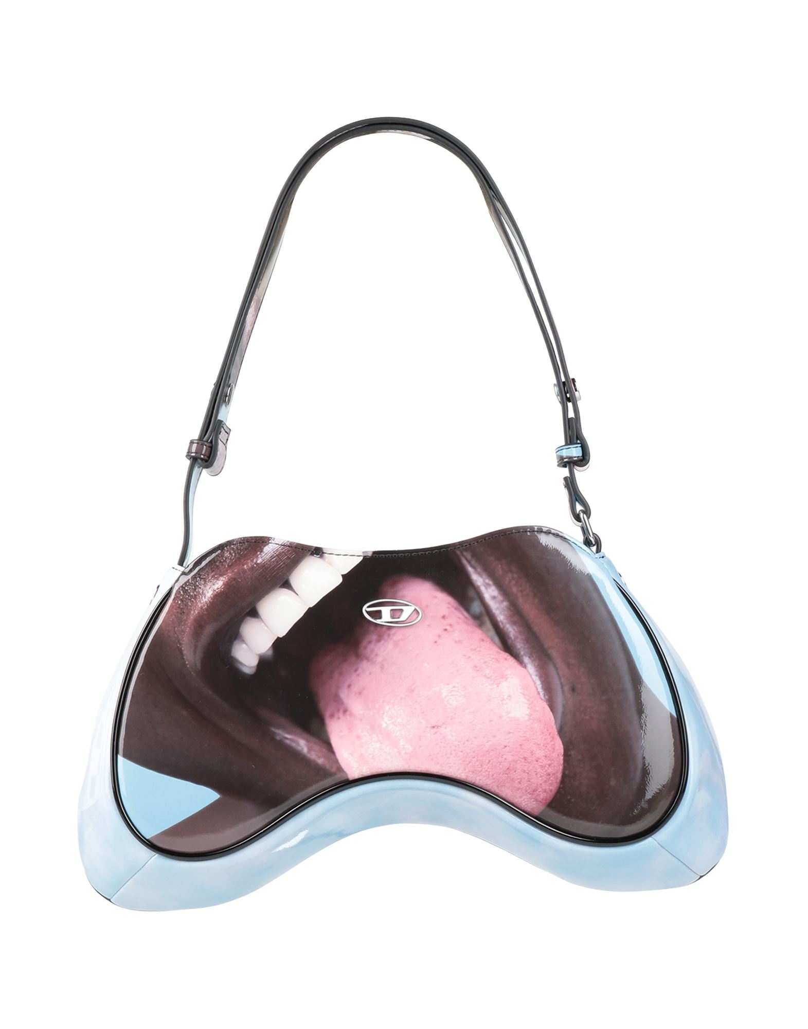 바게트백, 인조가죽, 멀티컬러 패턴, 브랜드 로고, 지퍼 여밈, 가죽 소재의 내부, 싱글 핸들, 미디엄 스타일. 이미지