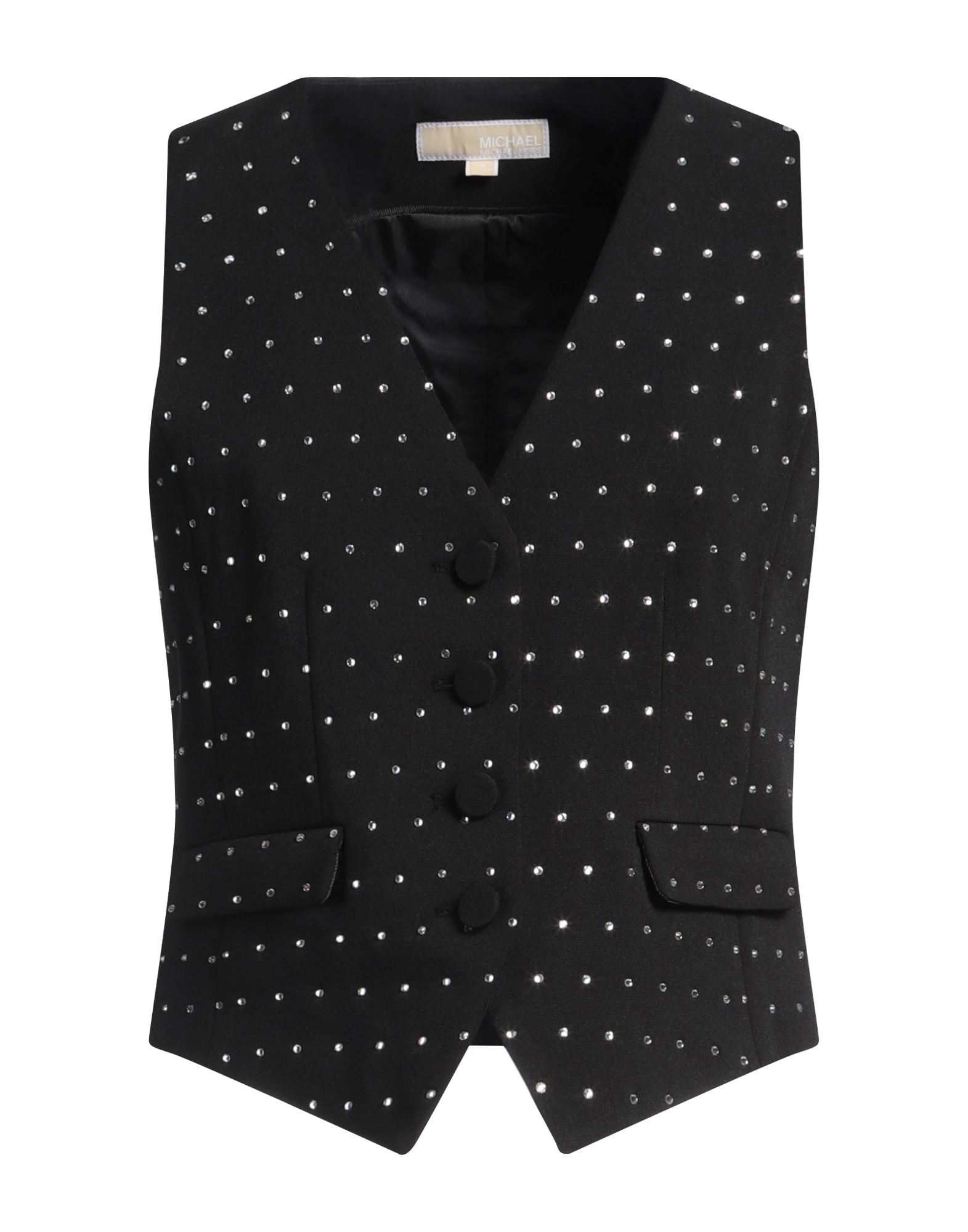 크레이프, 장식 디테일 솔리드 컬러, 크리스탈, 슬리브리스, 안감있음, 버튼 여밈, 멀티 포켓, 스트레치, 드라이클리닝, 표백 금지, 건조기 사용불가. 이미지