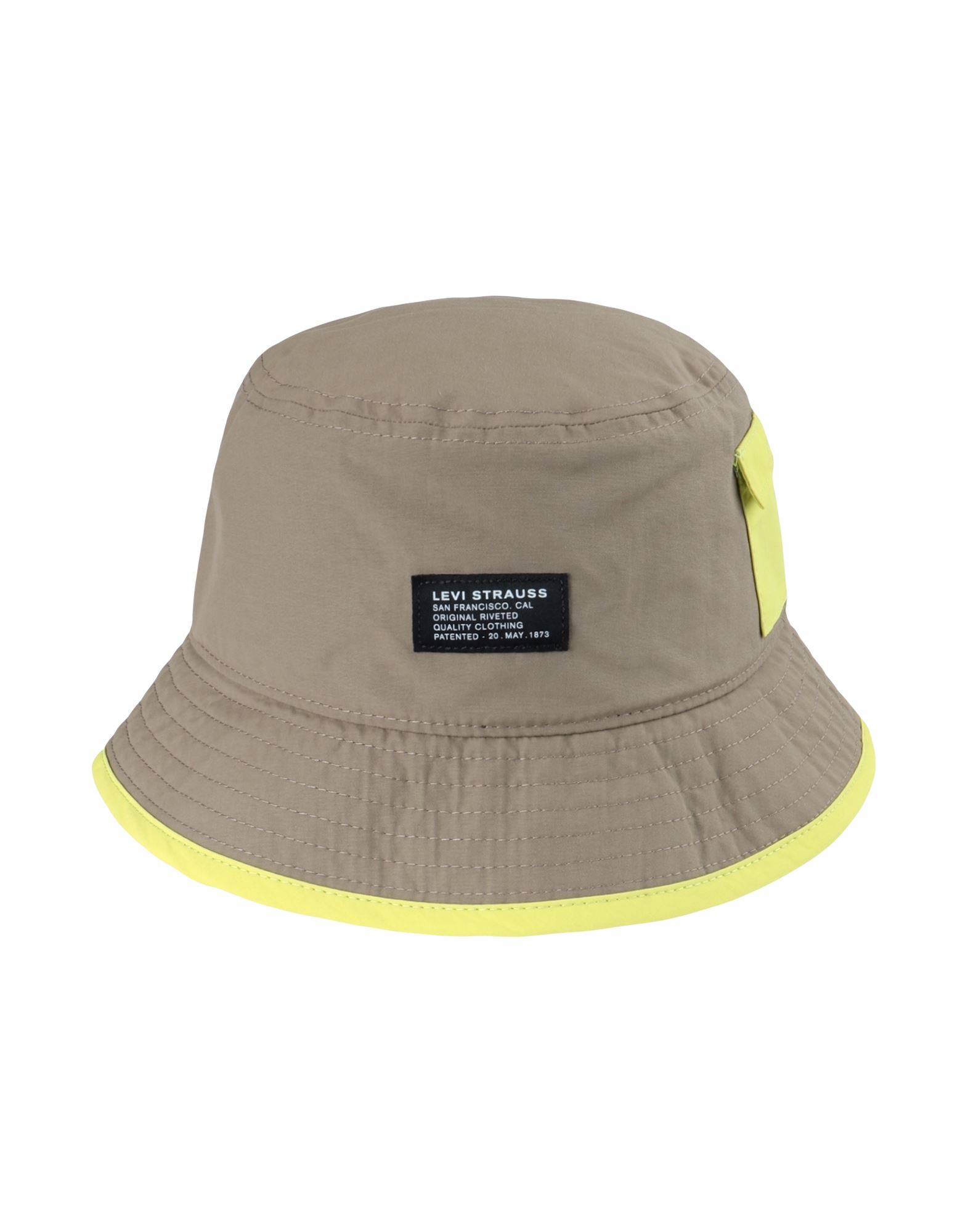 버킷 햇, 테크니컬 패브릭, 투톤 패턴, 브랜드 로고, 드로스트링 여밈. 이미지