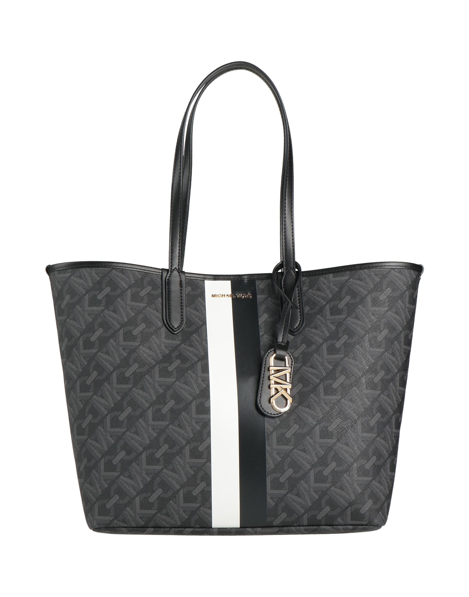 쇼퍼백, 맥시 스타일, 인조가죽, 디테쳐블 디테일, 로고 디자인, 스냅버튼 여밈, 탈착 가능한 내부 파우치, 더블 핸들. 이미지