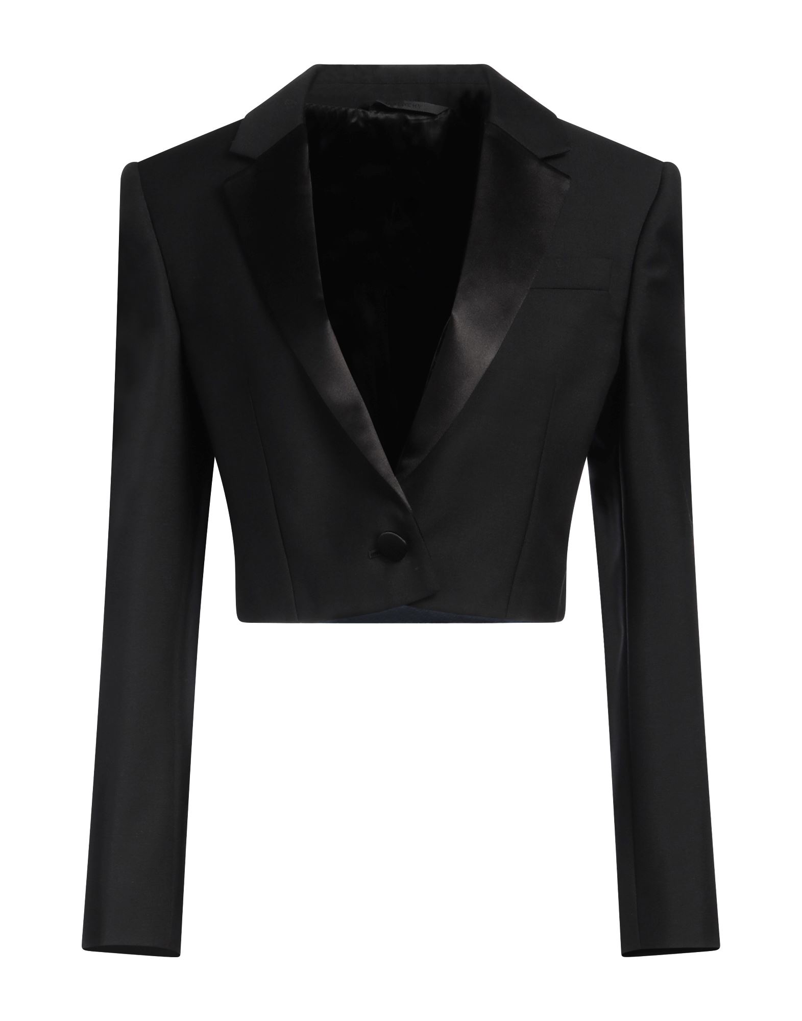 싱글 브레스티드 블레이저, 울 보일, 새틴, 솔리드 컬러, 크롭트, 라펠, 롱 슬리브, 안감있음, 1 버튼, 드라이클리닝, 표백 금지, 건조기 사용불가. 이미지