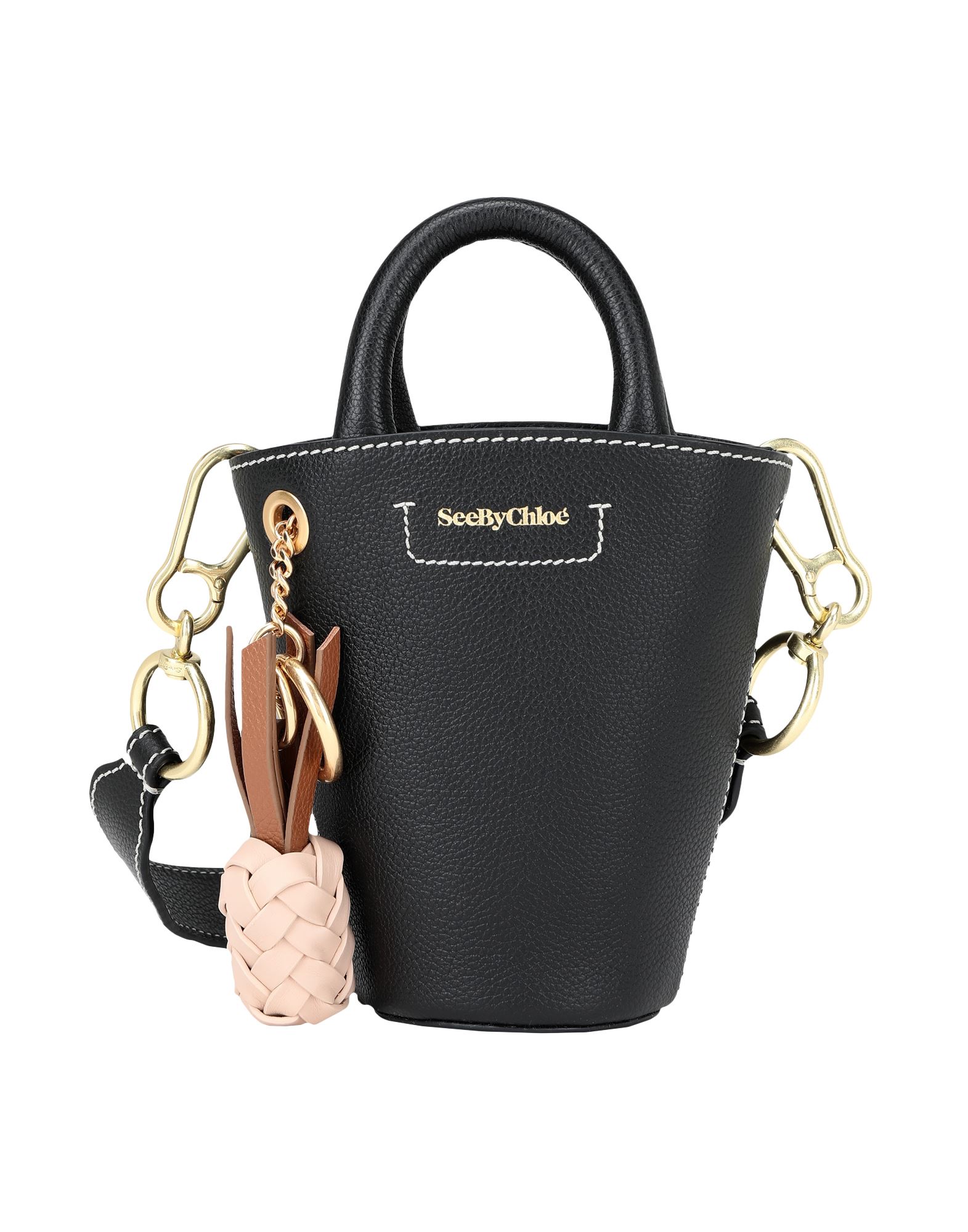 스몰, 텍스쳐드 가죽, 로고, 디테쳐블 디테일, 솔리드 컬러, 더블 핸들, 탈착가능 숄더 스트랩, 드로스트링, 내부 포켓, 안감있음, 키홀더 스트랩 디테일, 동물성 비섬유 자재 함유, 데이타임. 이미지