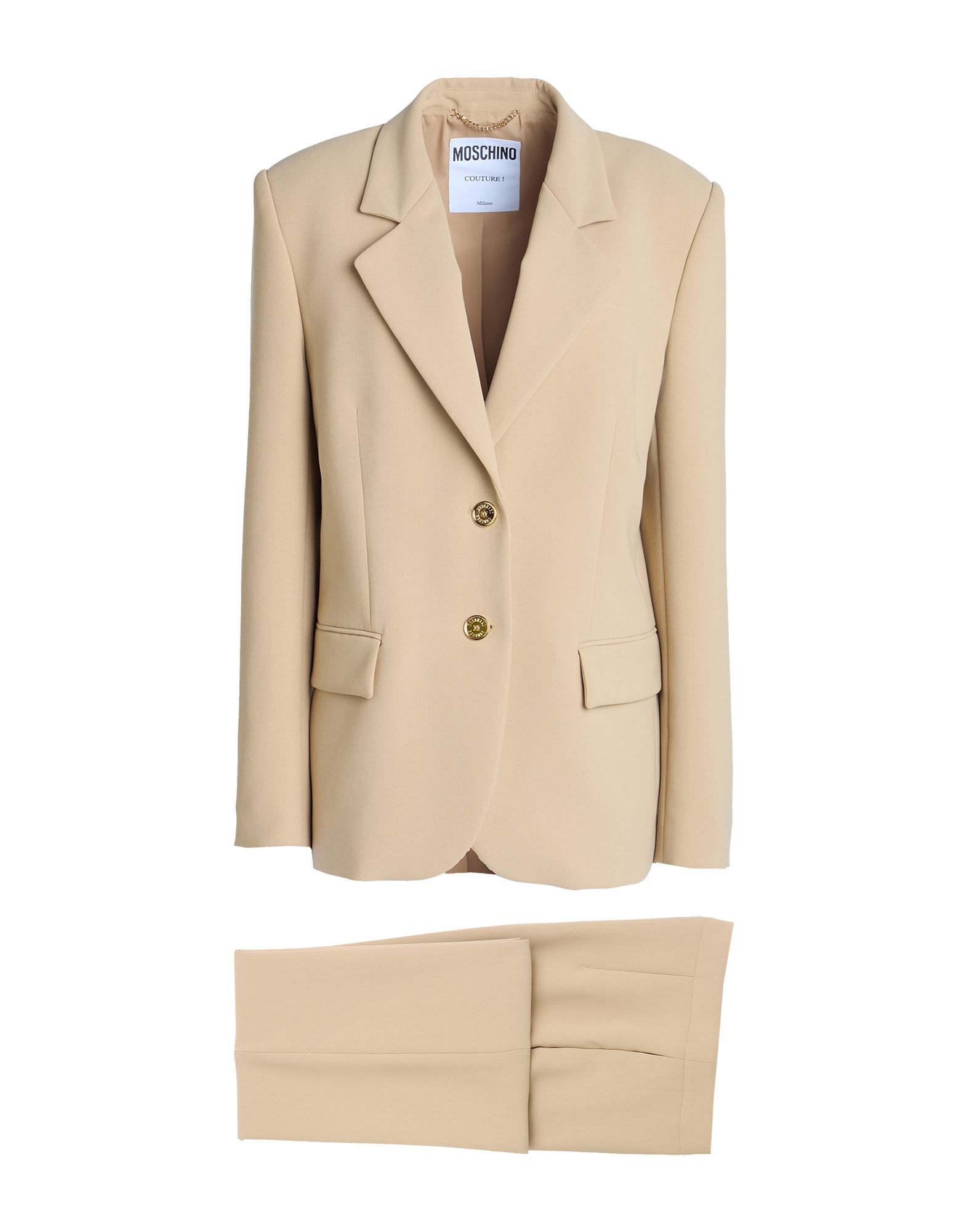 팬츠 수트, 크레이프, 솔리드 컬러, 장식 부착 없음, 라펠, 싱글브레스티드, 롱 슬리브, 안감있음, 버튼 여밈, 지퍼 여밈, 멀티 포켓, 스트레치, 드라이클리닝, 표백 금지, 건조기 사용불가. 이미지