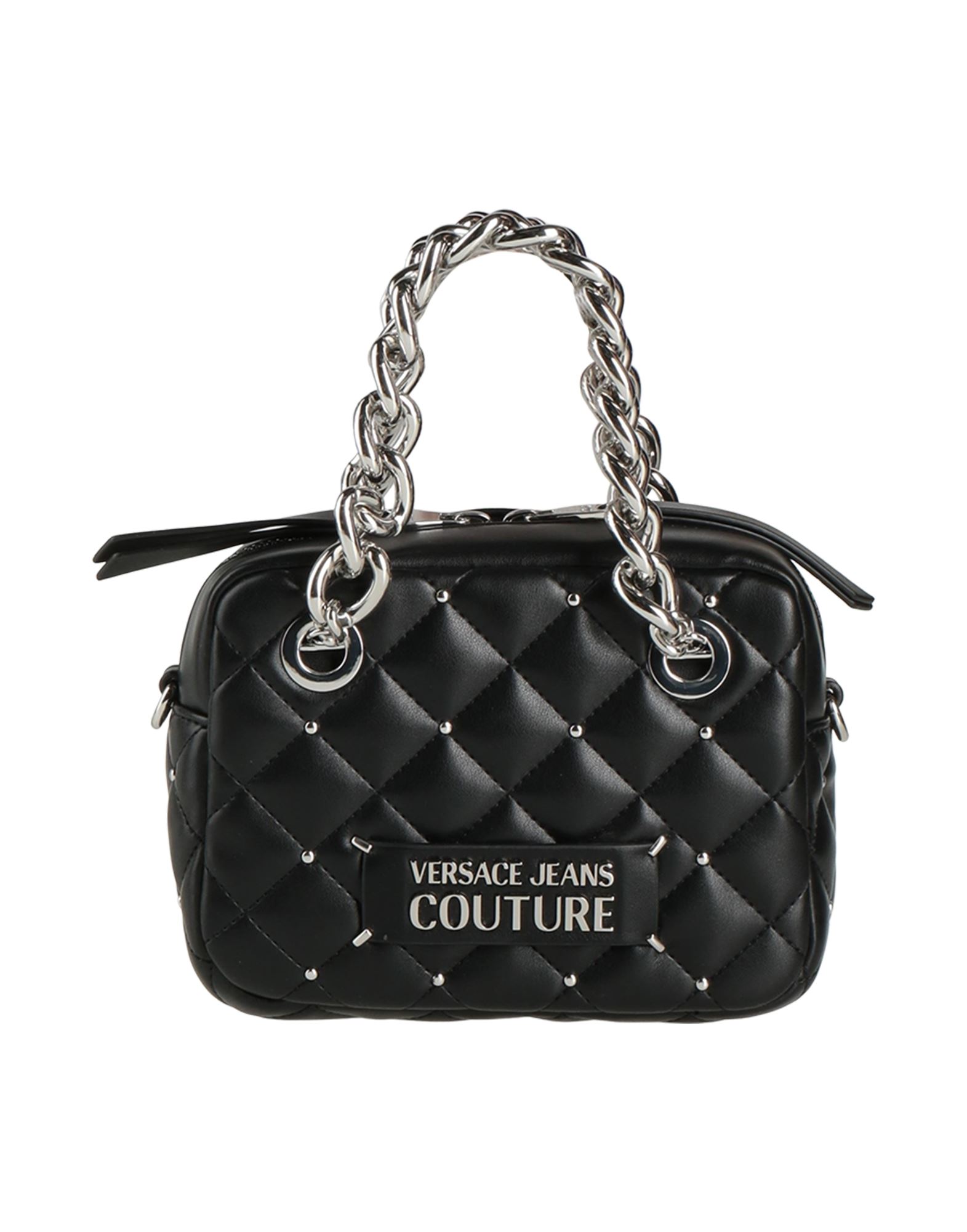 핸드백, 인조가죽, 퀼팅, 장식 디테일 솔리드 컬러, 브랜드 로고, 스터드, 지퍼 여밈, 안감있음, 내부 포켓, 더블 핸들, 탈착가능 숄더 스트랩, 스몰 스타일. 이미지