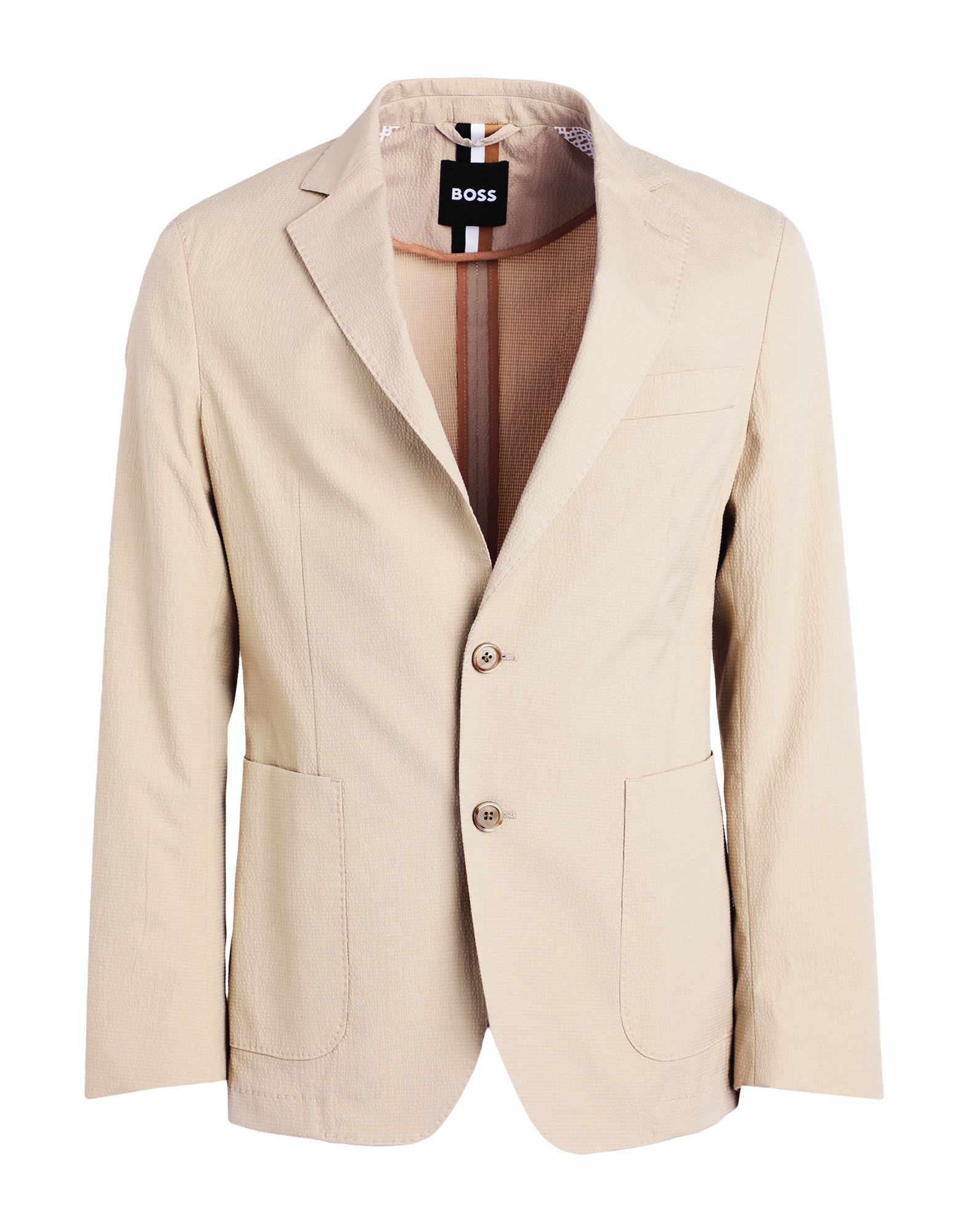 시어서커, 장식 부착 없음, 솔리드 컬러, 라펠, 롱 슬리브, 버튼 커프스, 안감없음, 버튼 여밈, 멀티 포켓, 더블 백 슬릿, 스트레치, 드라이클리닝, 표백 금지, 건조기 사용불가, 싱글 브레스티드 블레이저. 이미지