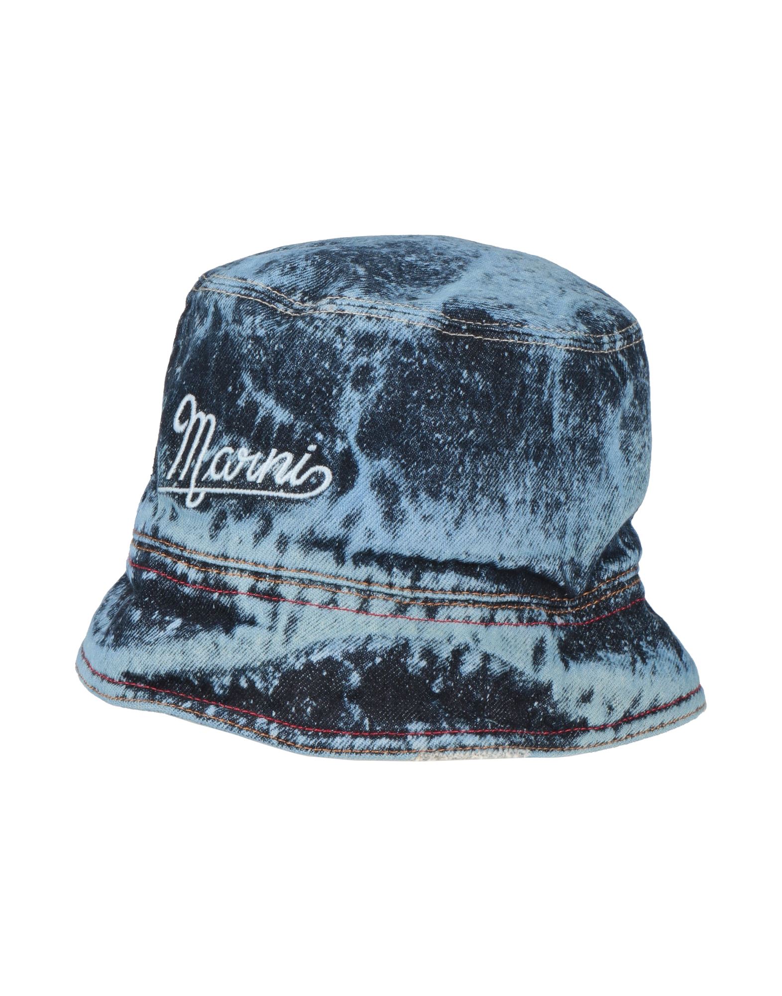 버킷 햇, 데님, 디스트레스드 효과, 바랜 효과, 타이다이, 자수 로고 장식, 스몰 브림, 소프트 바이저, 물세탁 불가, 표백 금지, 건조기 사용불가, 다림질 금지. 이미지