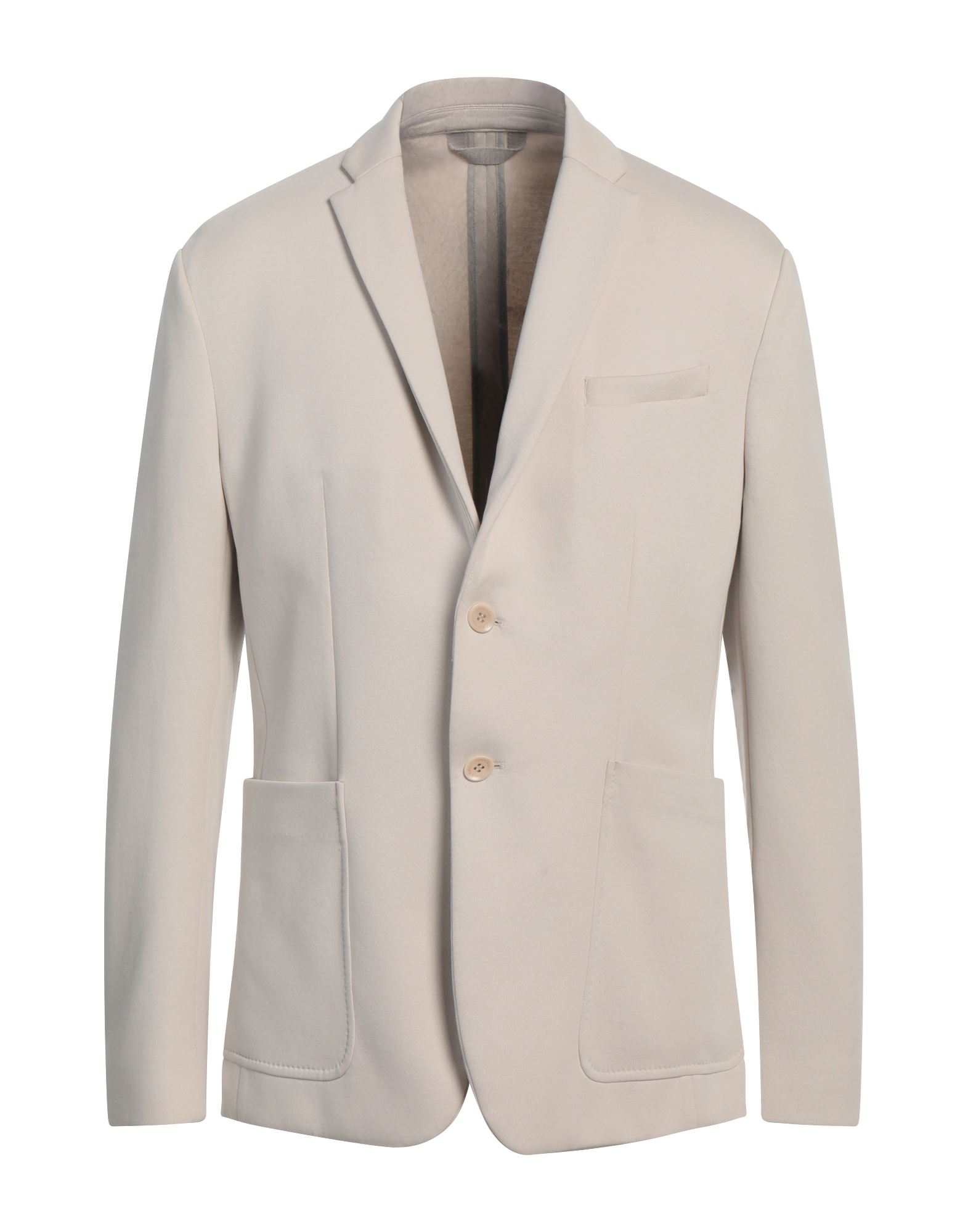 싱글 브레스티드 블레이저, 저지, 솔리드 컬러, 장식 부착 없음, 클래식 칼라, 롱 슬리브, 부분적으로 안감 처리한 내부, 버튼 여밈, 멀티 포켓, 더블 백 슬릿, 세탁기로 세탁, 표백 금지, 건조기 사용가능. 이미지