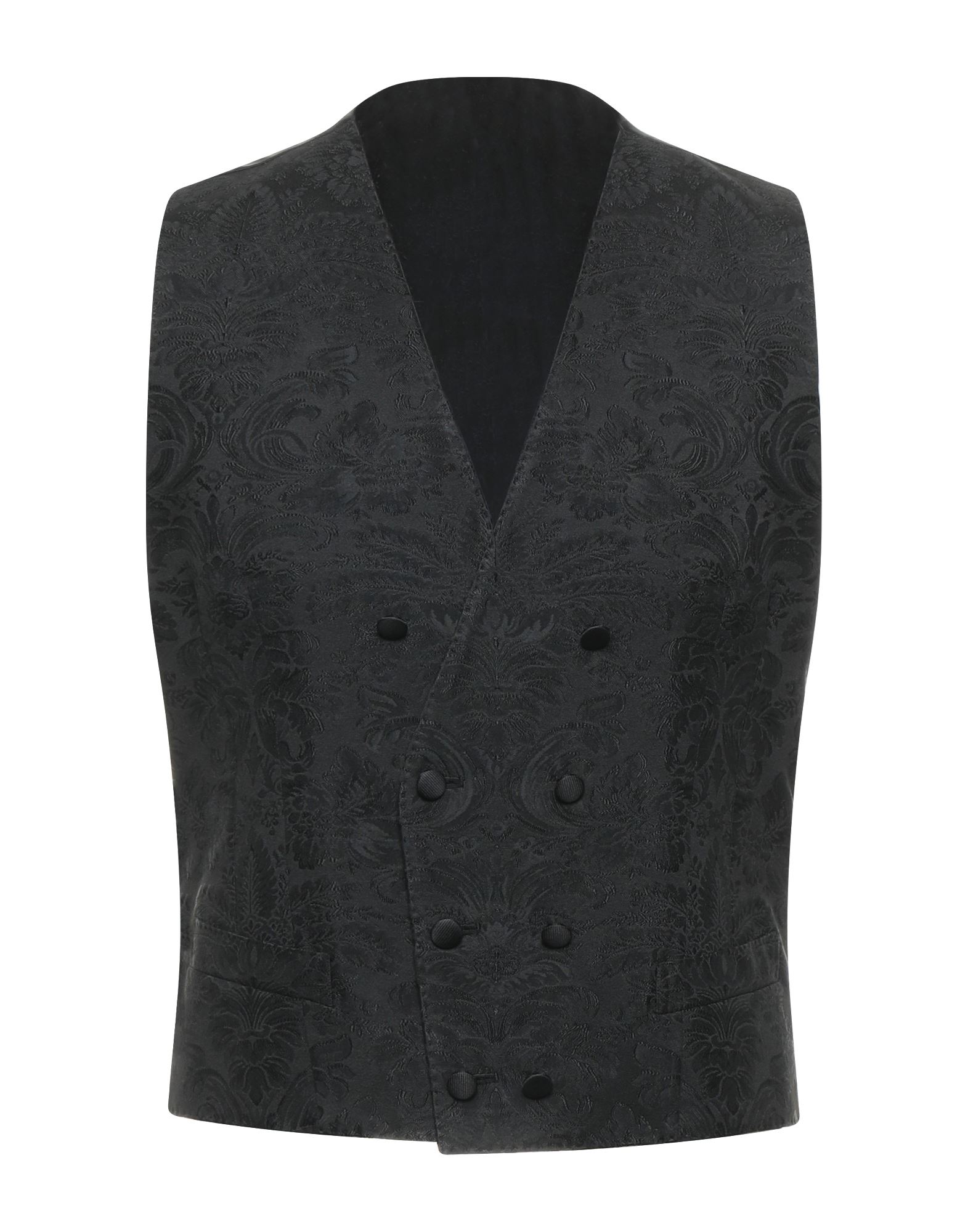 자카드, 새틴, 장식 부착 없음, 솔리드 컬러, 슬리브리스, 더블브레스티드, 라펠, 멀티 포켓, 버튼 여밈, 안감있음. 이미지