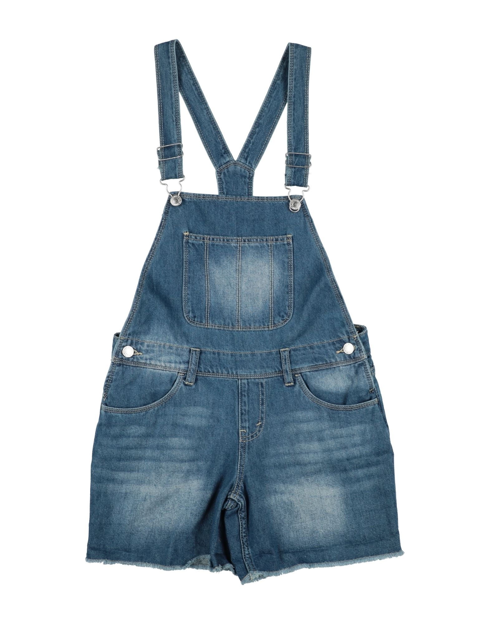 데님, 바랜 효과, 솔리드 컬러, 브랜드 로고, 비브 오버롤 네크라인, 슬리브리스, 포켓, 세탁기로 세탁, 표백 금지, 건조기 사용가능. 이미지