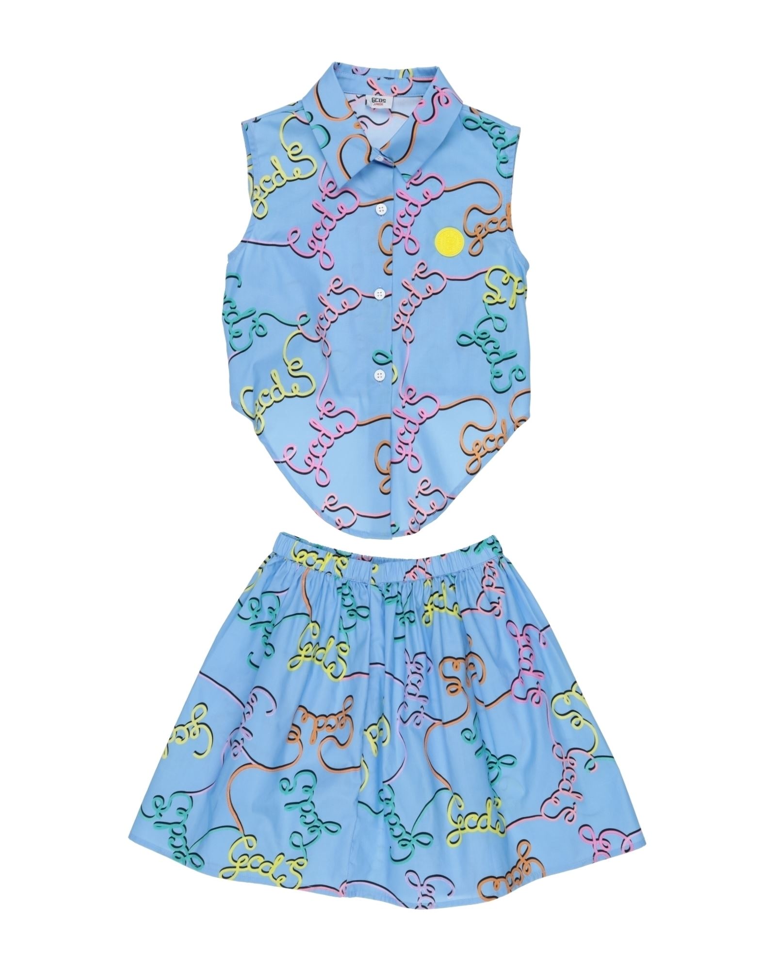 평직, 브랜드 로고, 멀티컬러 패턴, 클래식 칼라, 싱글브레스티드, 슬리브리스, 안감없음, 버튼 여밈, 엘라스틱, 포켓 없음, 30degreec 물세탁, 드라이클리닝 금지, 표백 금지, 건조기 사용불가, 최대 110degreec 다림질, 스커트 세트. 이미지