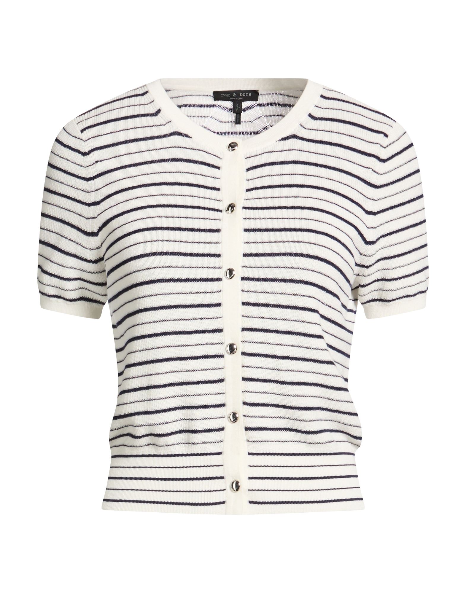 니트 소재, 라이트웨이트 니트, 장식 부착 없음, 스트라이프, 쇼트 슬리브, 버튼 여밈, 드라이클리닝, 표백 금지, 건조기 사용불가, 다림질 금지. 이미지