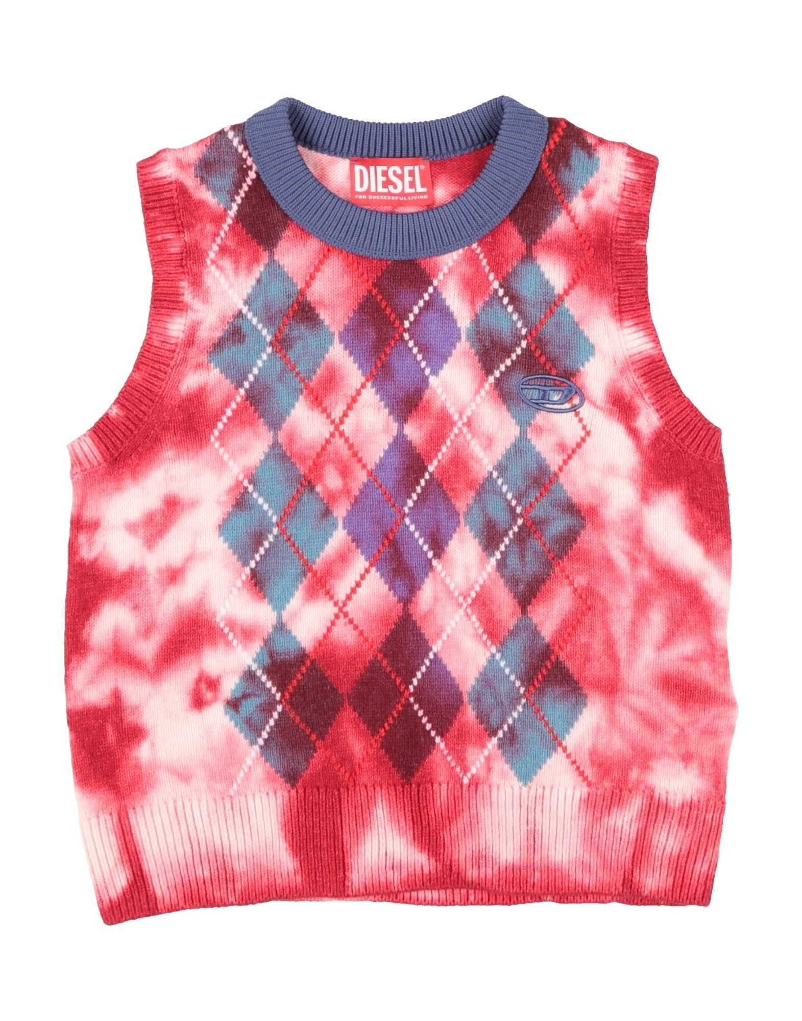 니트 소재, 라이트웨이트 니트, 자수 로고 장식, 타이다이, 기하학 패턴, 크루넥, 슬리브리스, 포켓 없음, 손세탁, 표백 금지, 건조기 사용불가. 이미지