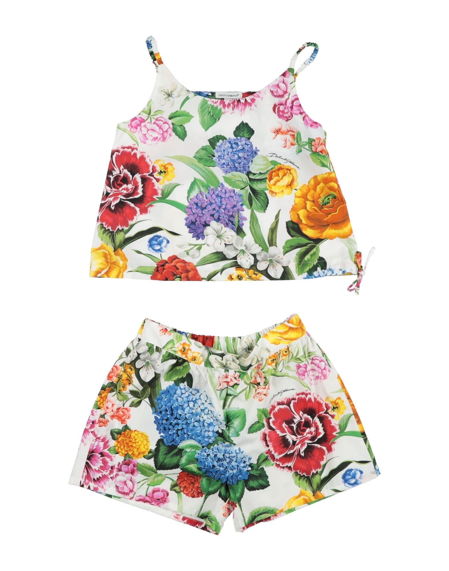 포플린, 플로럴 모티브, 브랜드 로고, 와이드 네크라인, 슬리브리스, 안감없음, 엘라스틱 웨이스트라인, 세탁기로 세탁, 표백 금지, 건조기 사용불가. 이미지