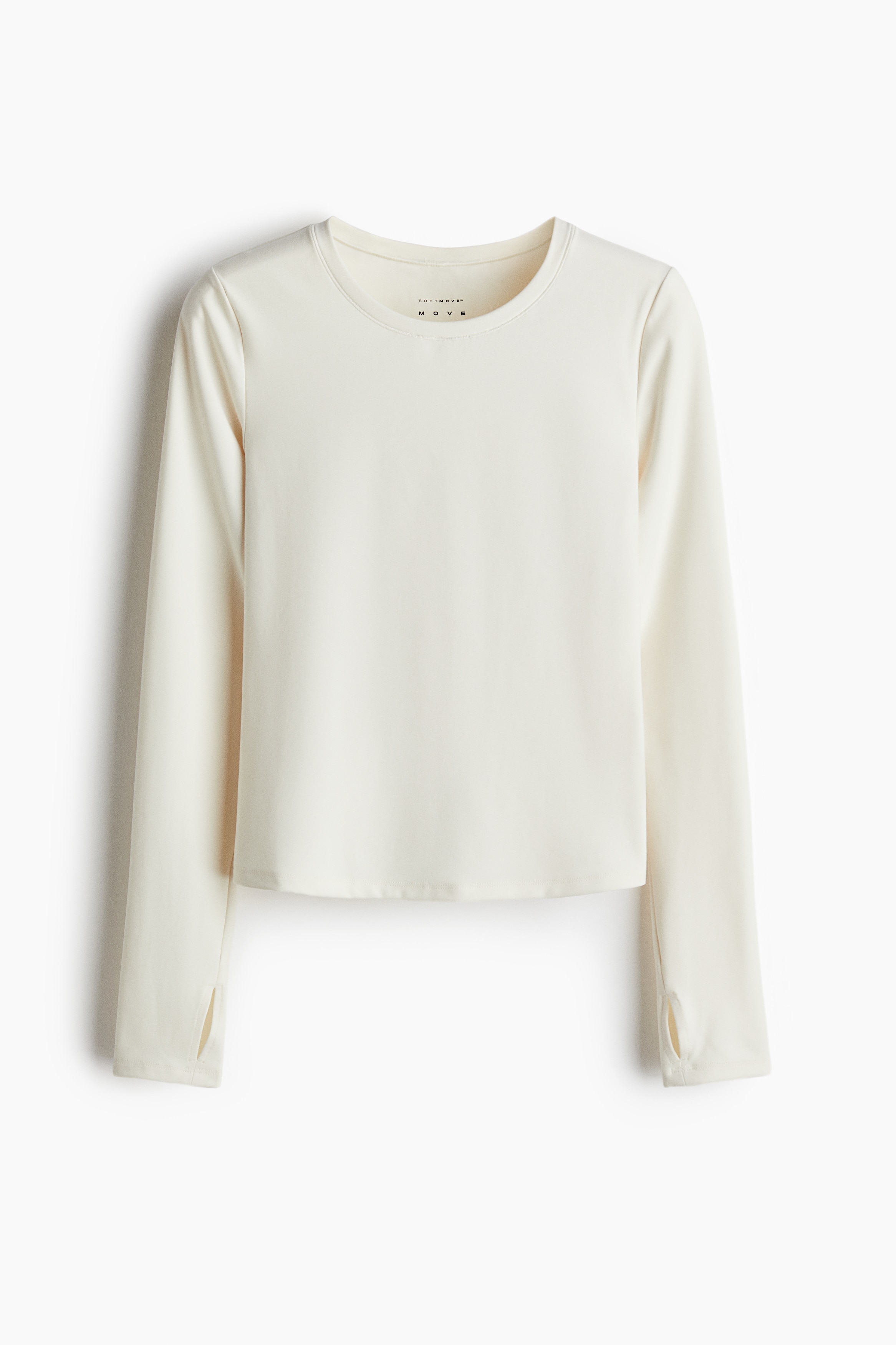 움직일 때마다 부드러움과 편안함의 극치를 선사하며 실루엣을 살려 서포트해주는 기능성 SoftMove™ 소재의 스포츠 탑. 슬림핏. 라운드넥. 매우 긴 소매. 소맷단에 엄지손가락 구멍이 있음. 이미지