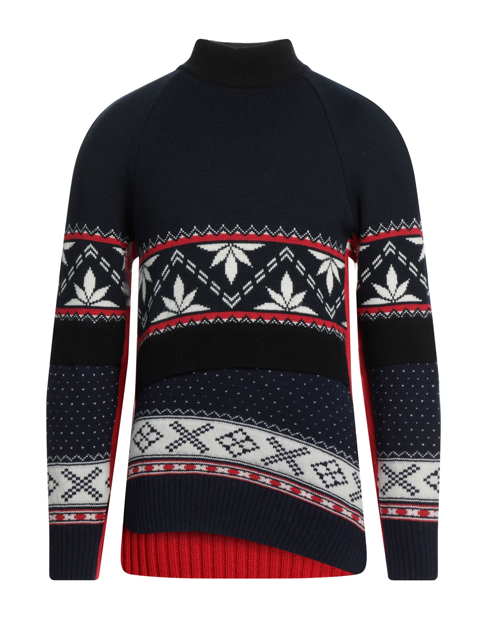 울, 라이트웨이트 니트, 브랜드 로고, 멀티컬러 패턴, 터틀넥, 롱 슬리브, 포켓 없음, 사이드 슬릿 헴라인. 이미지