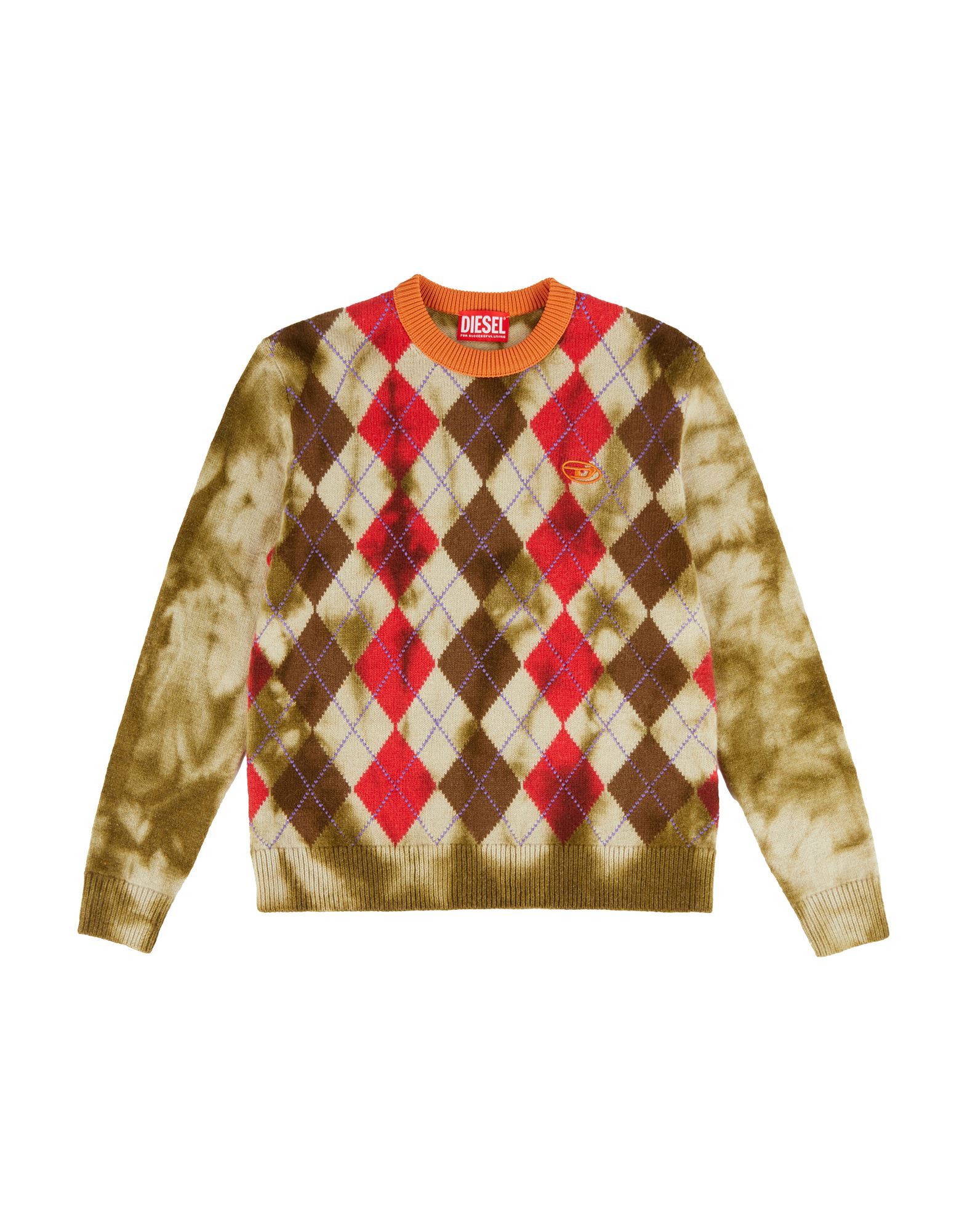 니트 소재, 라이트웨이트 니트, 자수 로고 장식, 기하학 패턴, 타이다이, 크루넥, 롱 슬리브, 포켓 없음, 손세탁, 표백 금지, 건조기 사용불가. 이미지