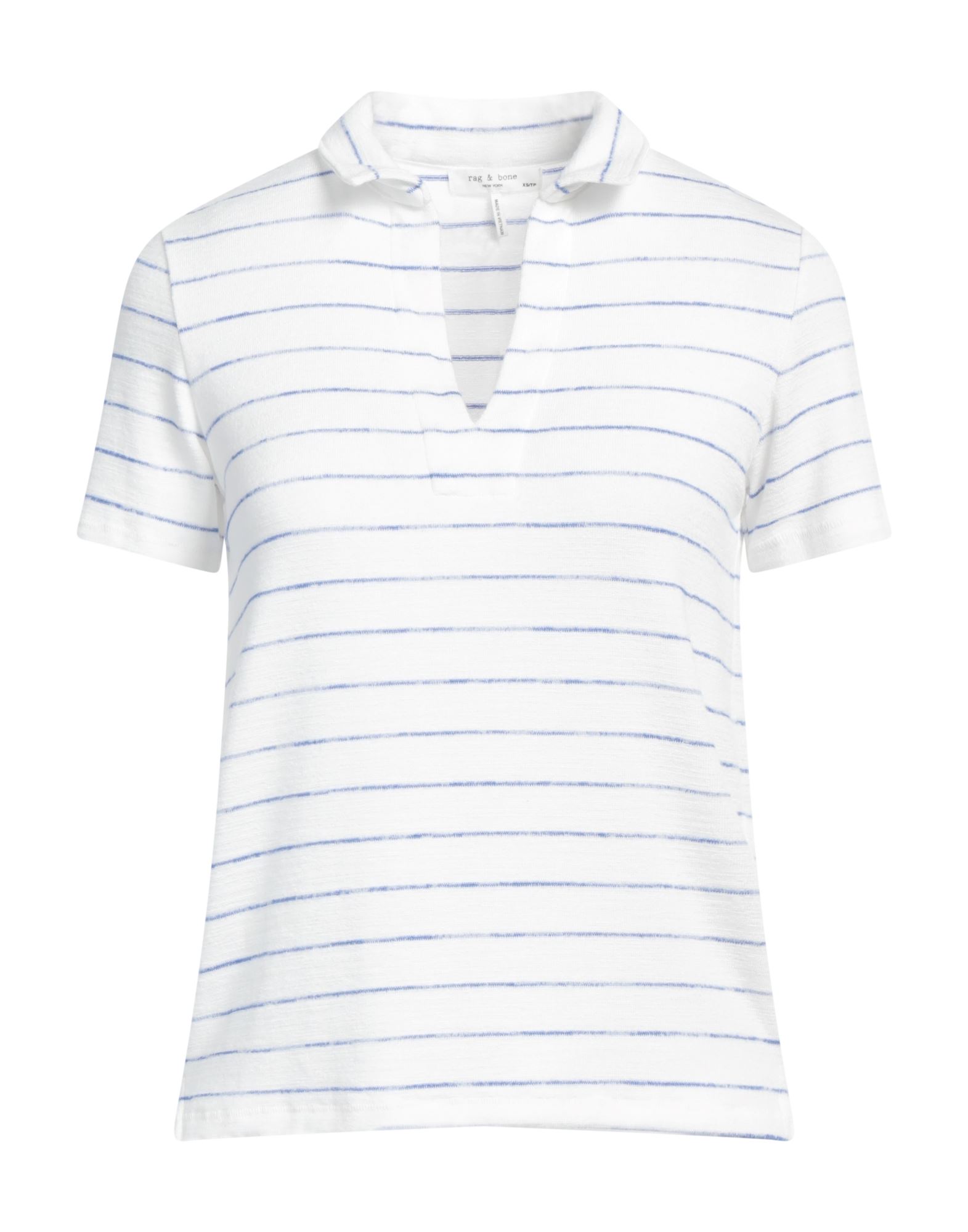 니트 소재, 라이트웨이트 니트, 스트레치 패브릭, 장식 부착 없음, 스트라이프, v 네크라인, 쇼트 슬리브, 세탁기 세탁 또는 드라이클리닝, 표백 금지, 건조기 사용가능. 이미지