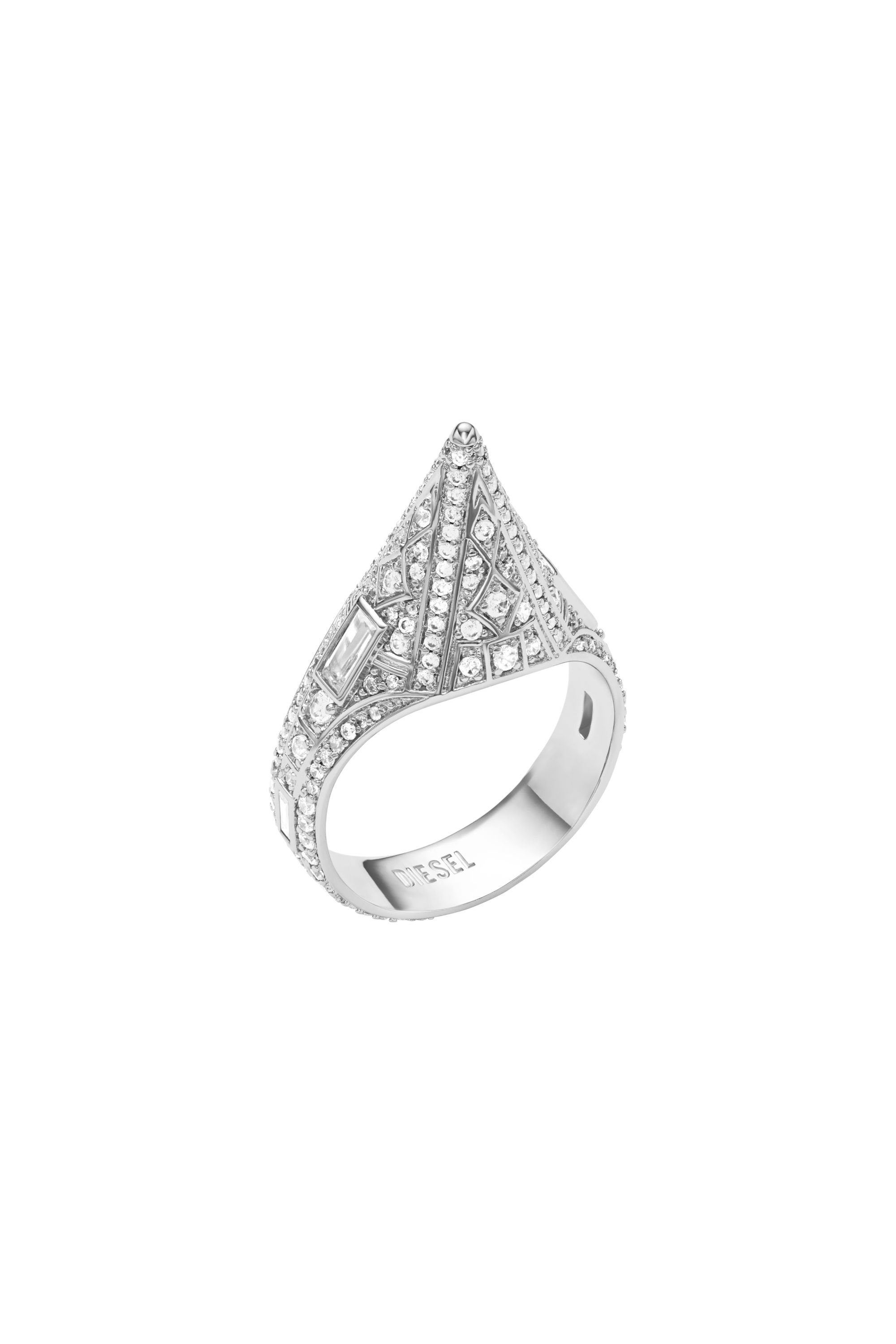 Diesel's silver-tone ring features pavé with a cone shaped detailing. Material: Brass; Closure: Does Not Apply; Finish: Polished; Measurements: L NA x W 5.5 x H NA 이미지