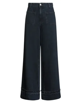 와이드 레그 진, 데님, 솔리드 컬러, 브랜드 로고, 다크 워싱, 하이 웨이스트, 컴포트 핏, 지퍼 여밈, 1 버튼, 포켓 5개, 세탁기로 세탁, 표백 금지, 건조기 사용불가, 이 브랜드는 사이즈가 크게 나옵니다. 이미지