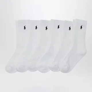 로고 자수와 골지 짜임이 특징인 흰색 면 혼방 폴로 랄프 로렌 양말 3켤레 세트입니다. 이미지