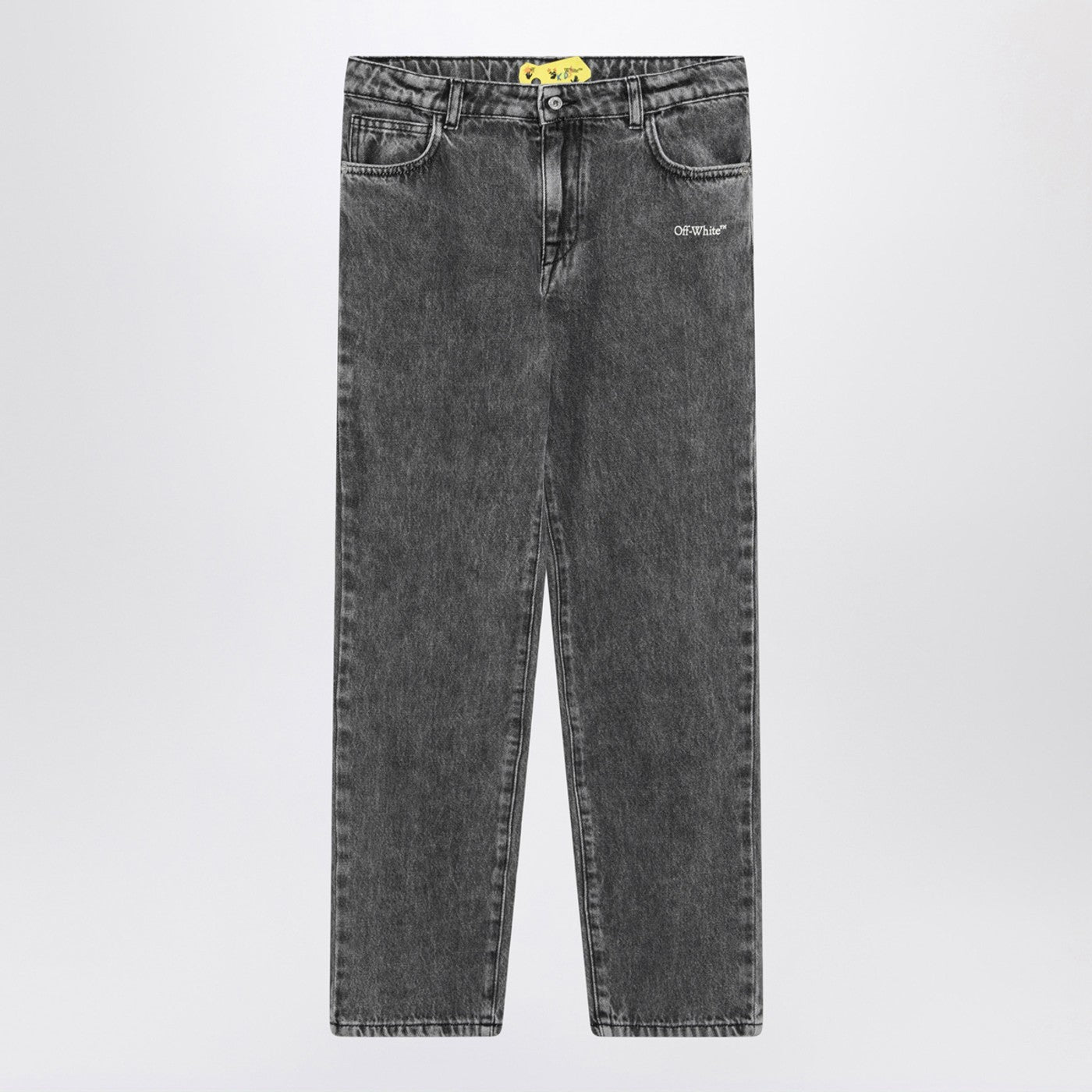오프화이트의 그레이 코튼 데님 진은 전면 지퍼와 버튼 잠금, 벨트 루프, 클래식한 5포켓 디자인이 특징입니다. 전면에는 대조적인 로고 레터링이, 후면에는 로고 패치와 대조적인 사선 스트라이프가 돋보입니다. 이미지