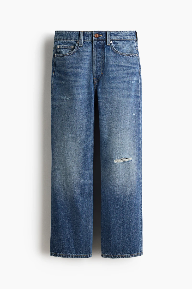 5-pocket jeans in rigid cotton denim that feels firm at first but then softens and loosens with wear. Straight leg with a regular fit from the waist to the hip and a looser, straight cut from the thigh to the hem. High waist and a button fly. Ankle length, designed to hit at the ankle bone. 이미지1