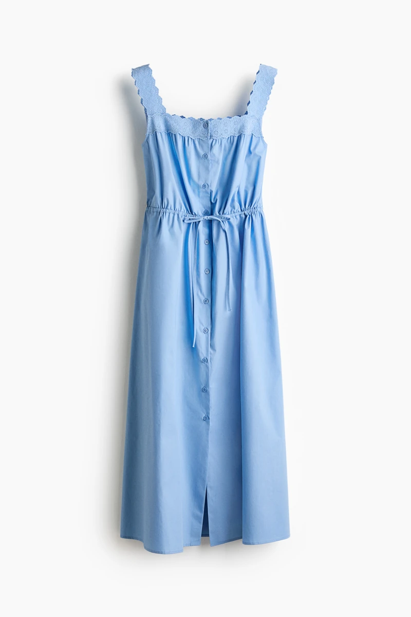 Ankle-length, fitted dress in crisp cotton poplin featuring a square neckline with gathers, wide shoulder straps and buttons down the front. Narrow drawstring at the waist that creates gathers all around, and a gently flared skirt. Unlined. 이미지1
