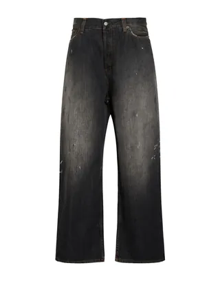 배기 진, 데님, 디스트레스드 효과, 장식 디테일 솔리드 컬러, 장식 효과, 디자이너 로고 플라크, 오버사이즈, 컬러 워싱, 하이 웨이스트, 벨트 루프, 컴포트 핏, 버튼 여밈, 포켓 5개, 손세탁, 표백 금지, 건조기 사용불가, 동물성 비섬유 자재 함유. 이미지