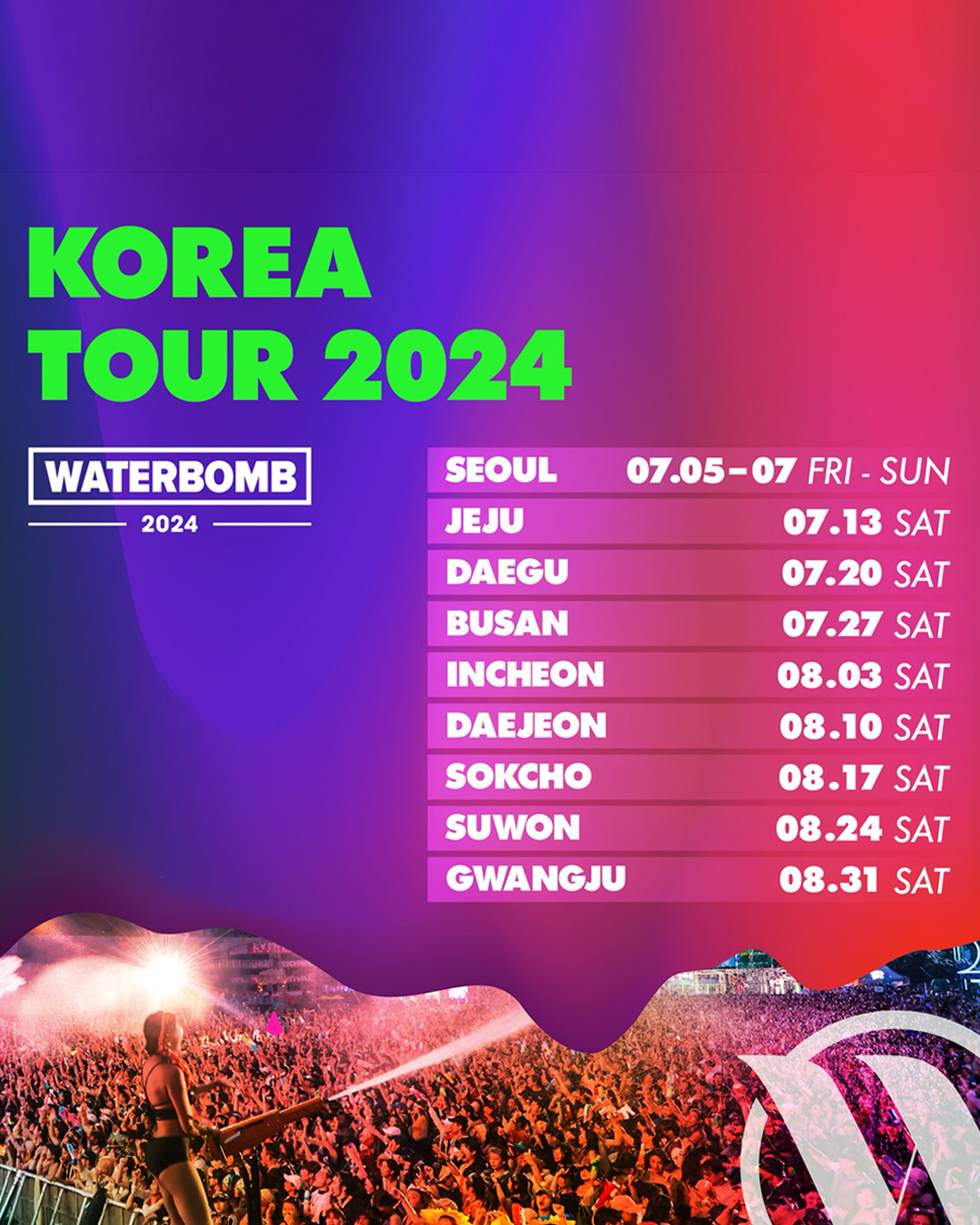 올해도 페스티벌 준비해야지🔥🔫
2024년 페스티벌 일정 총정리📝

1. 워터밤 서울 2024
일정: 2024년 7월 5일 ~ 7월 7일
장소: 추후공개

2. 서울재즈페스티벌 2024
일정: 2024년 5월 31일 ~ 6월 2일
장소: 올림픽공원

3. 2024 월드 디제이 페스티벌
일정: 2024년 6월 15일 ~ 6월 16일
장소: 서울랜드

4. 울트라 뮤직 페스티벌 코리아 2024
일정: 2024년 6월 7일 ~ 6월 9일
장소: 인천 파라다이스 시티

5. Blue Spring Festival (전 청춘페스티벌)
일정: 2024년 5월 4일 ~ 5월 6일
장소: 추후 공개

6. First Music Festival
일정: 2024년 1월 20일
장소: 일산 킨텍스

7. 톤앤뮤직 페스티벌 2024
일정: 2024년 6월 15일 ~ 6월 16일
장소: 올림픽공원 88잔디마당

8. 2024 대구힙합페스티벌
일정: 2024년 5월 4일 ~ 5월 5일
장소: 대구스타디움 보조경기장 이미지