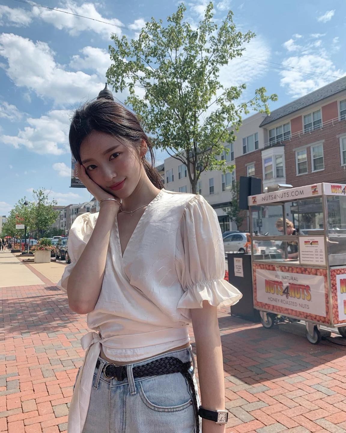 화이트 반팔 블라우스+데님🤍🩵 이미지
